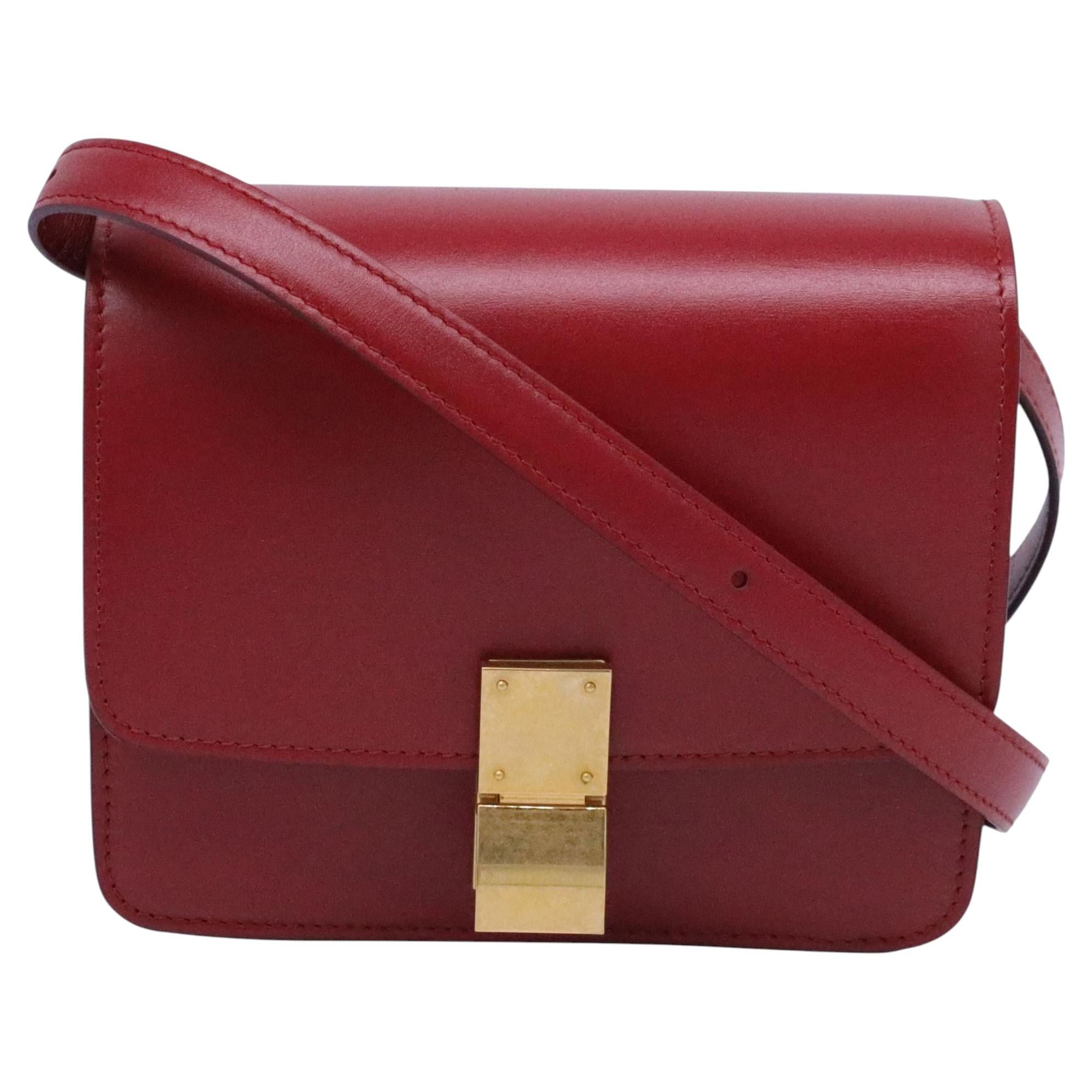 Celine Classic Box Small Shoulder Bag in Burgundy Calf Leather For Sale