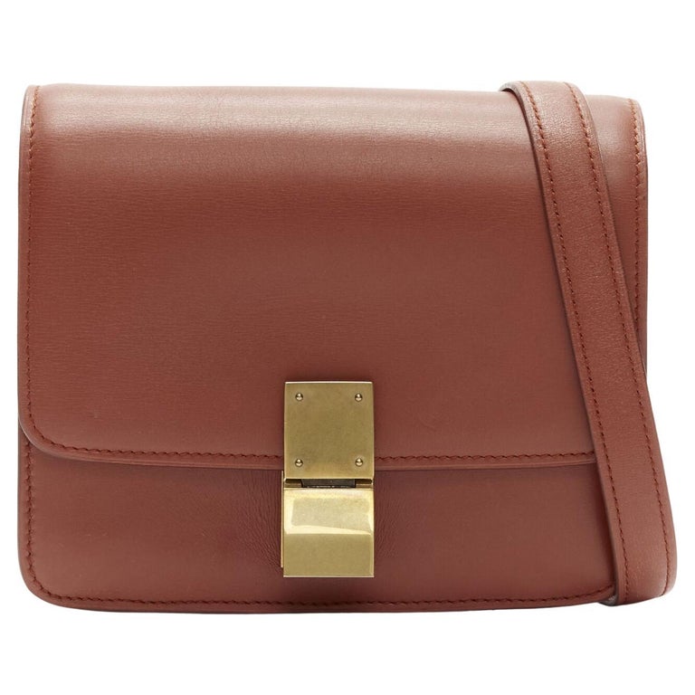 CELINE Classic Box tan brown calfskin gold clasp adjustable crossbody bag  Small For Sale at 1stDibs