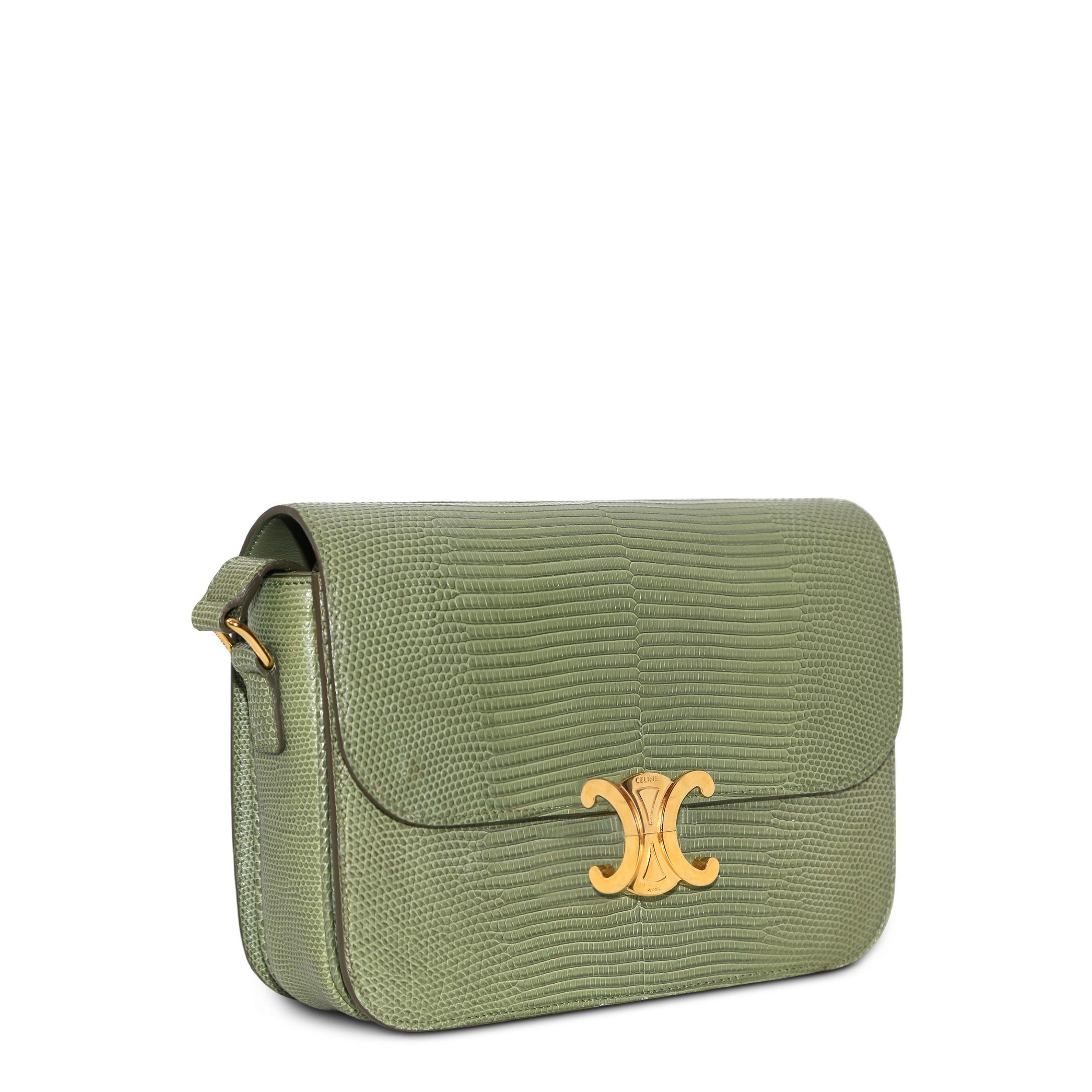 - Light khaki
- Exotic 
- Lizard leather
- Gold-tone hardware
- Adjustable shoulder/ crossbody strap
- Foldover top
- Push-lock fastening
- Inner partitioned compartments
- Internal zip-fastening pocket
- Comes with care booklet
- Condition: Very