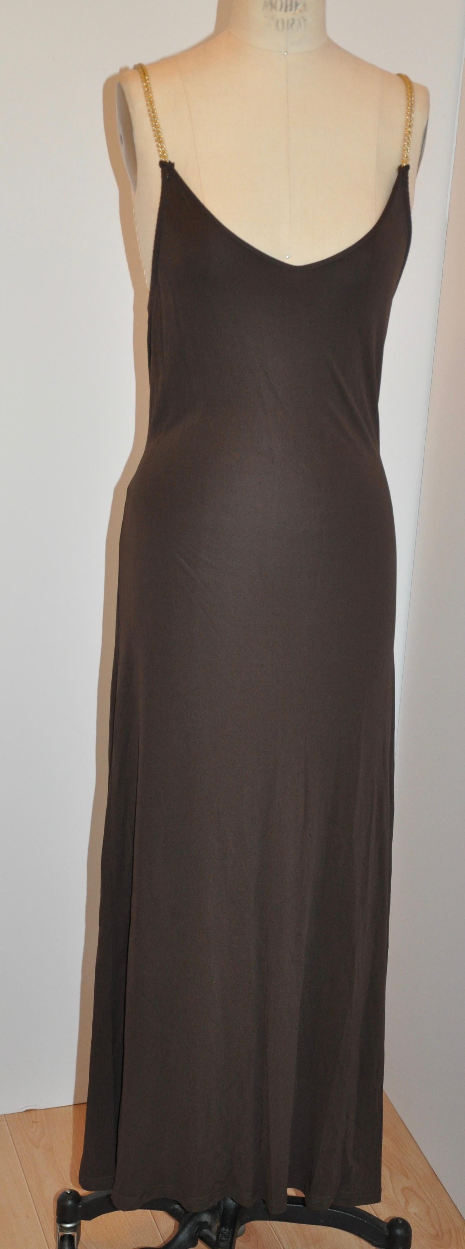 Celine Coco-Brown Silk-Blend Jersey Low-Cut Form-Fitting Maxi Dress In Good Condition In New York, NY