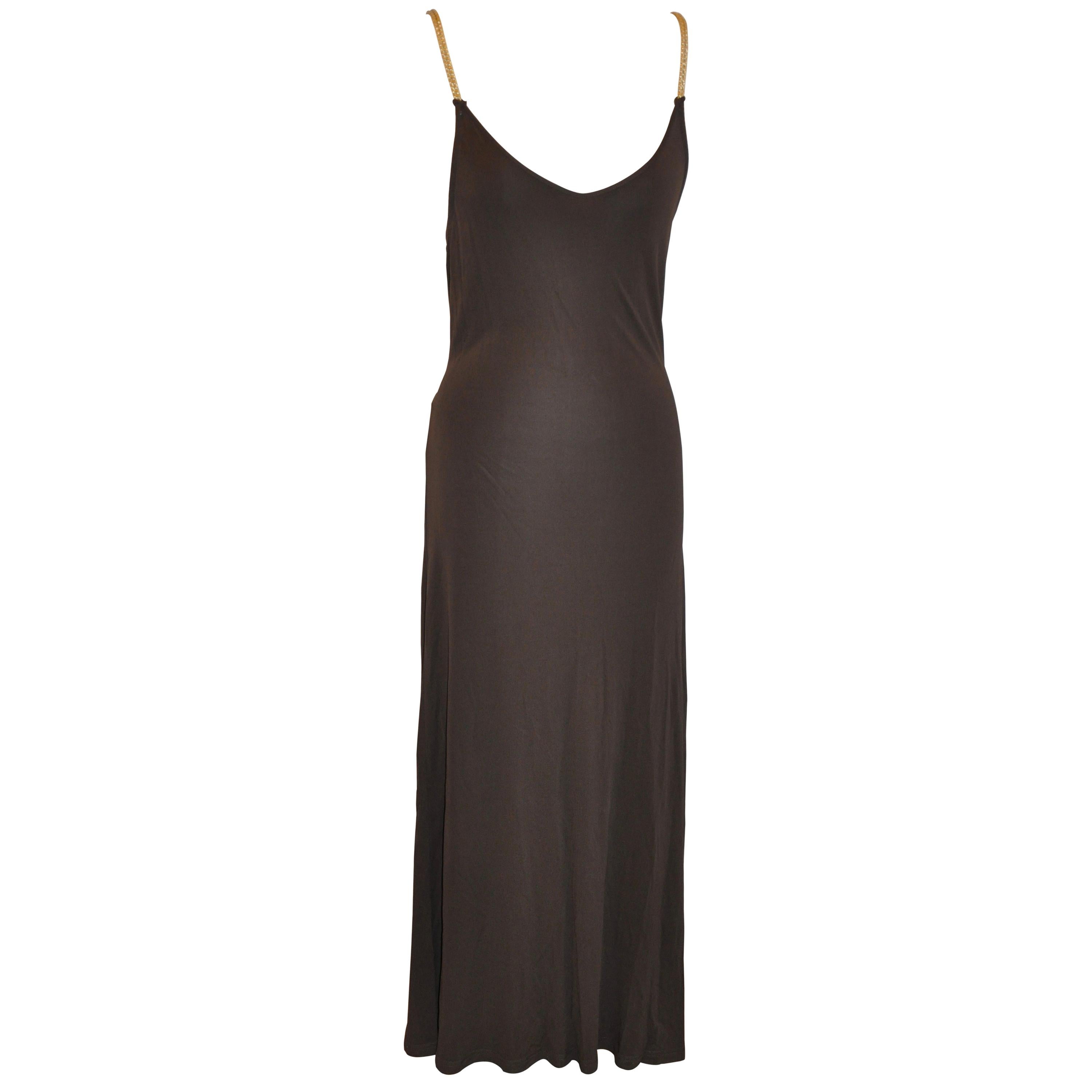 Celine Coco-Brown Silk-Blend Jersey Low-Cut Form-Fitting Maxi Dress