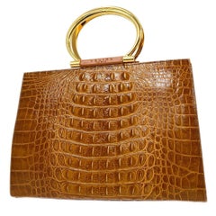 CELINE Cognac Tan Crocodile Exotic Leather Gold Top Handle Carryall Tote Bag