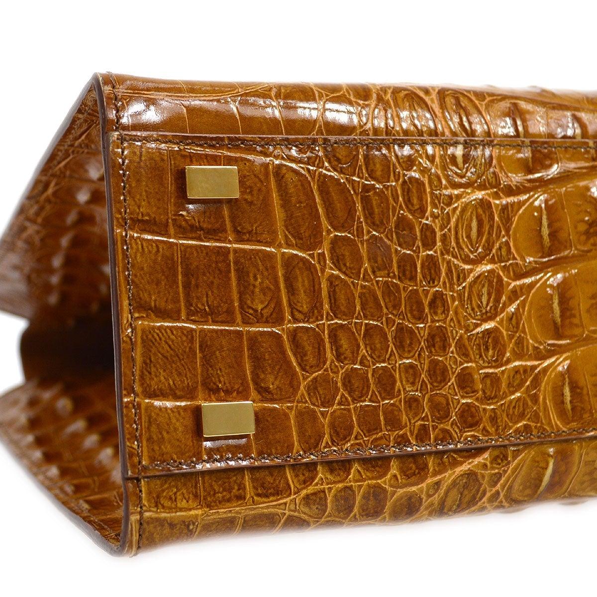 Brown CELINE Cognac Tan Crocodile Exotic Leather Gold Top Handle Carryall Tote Bag