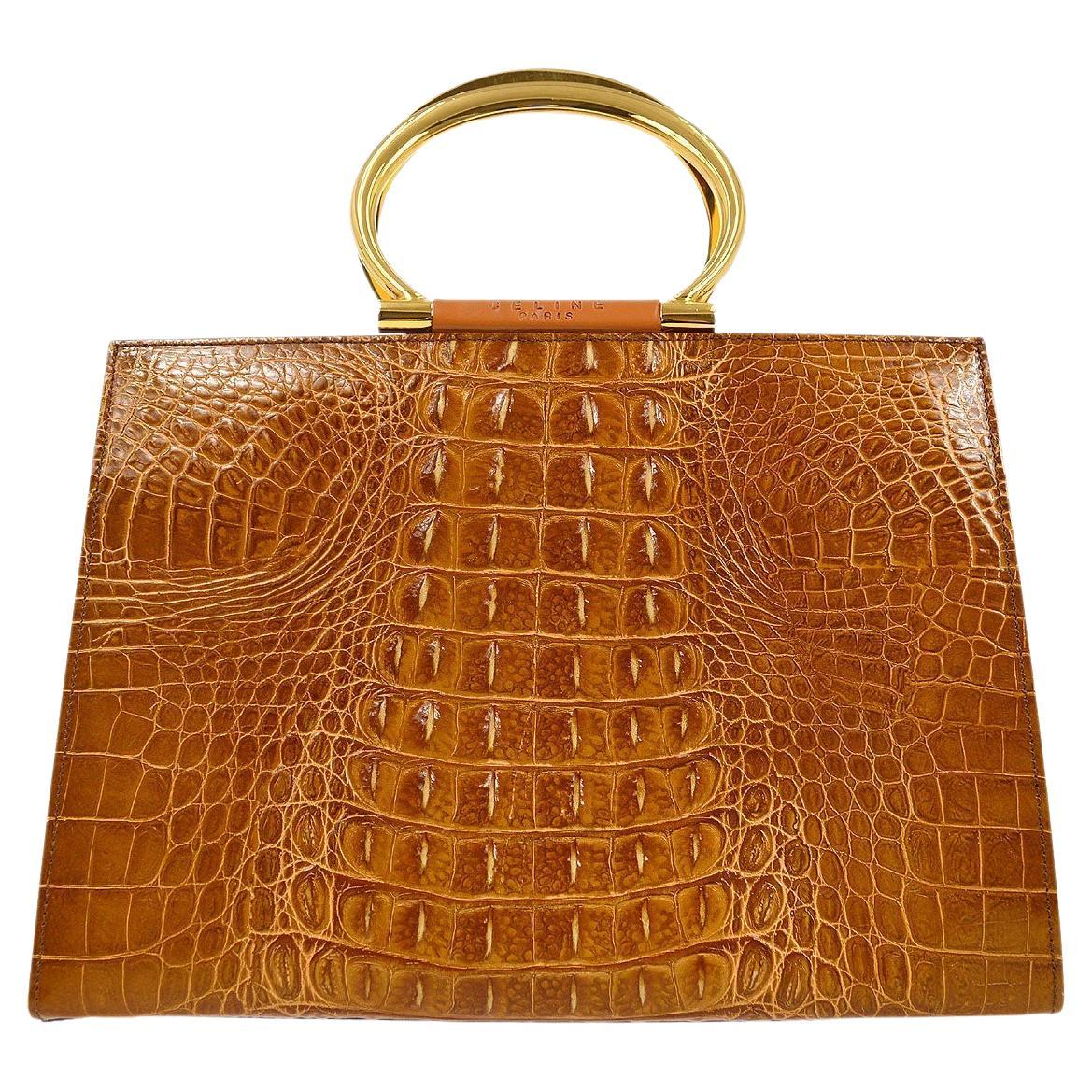 CELINE Cognac Tan Crocodile Exotic Leather Gold Top Handle Carryall Tote Bag