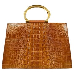 CELINE Cognac Tan Crocodile Exotic Leather Gold Top Handle Carryall Tote Bag