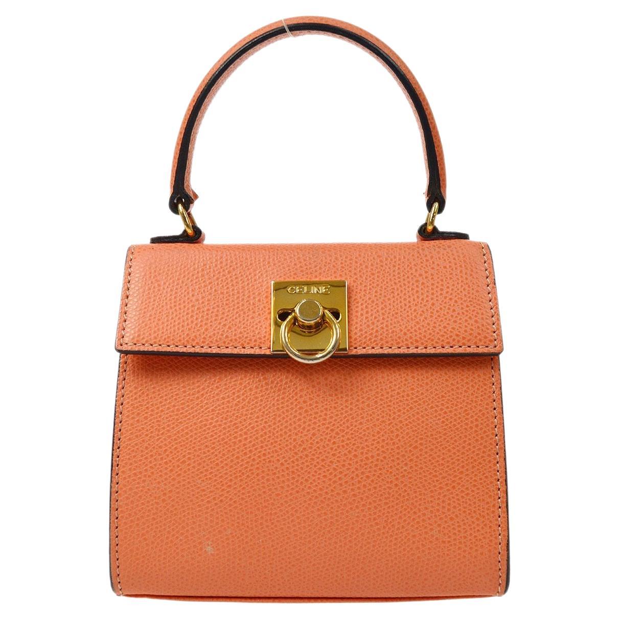 CELINE Coral Orange Leather Gold Hardware Kelly Style Top Handle Shoulder Bag