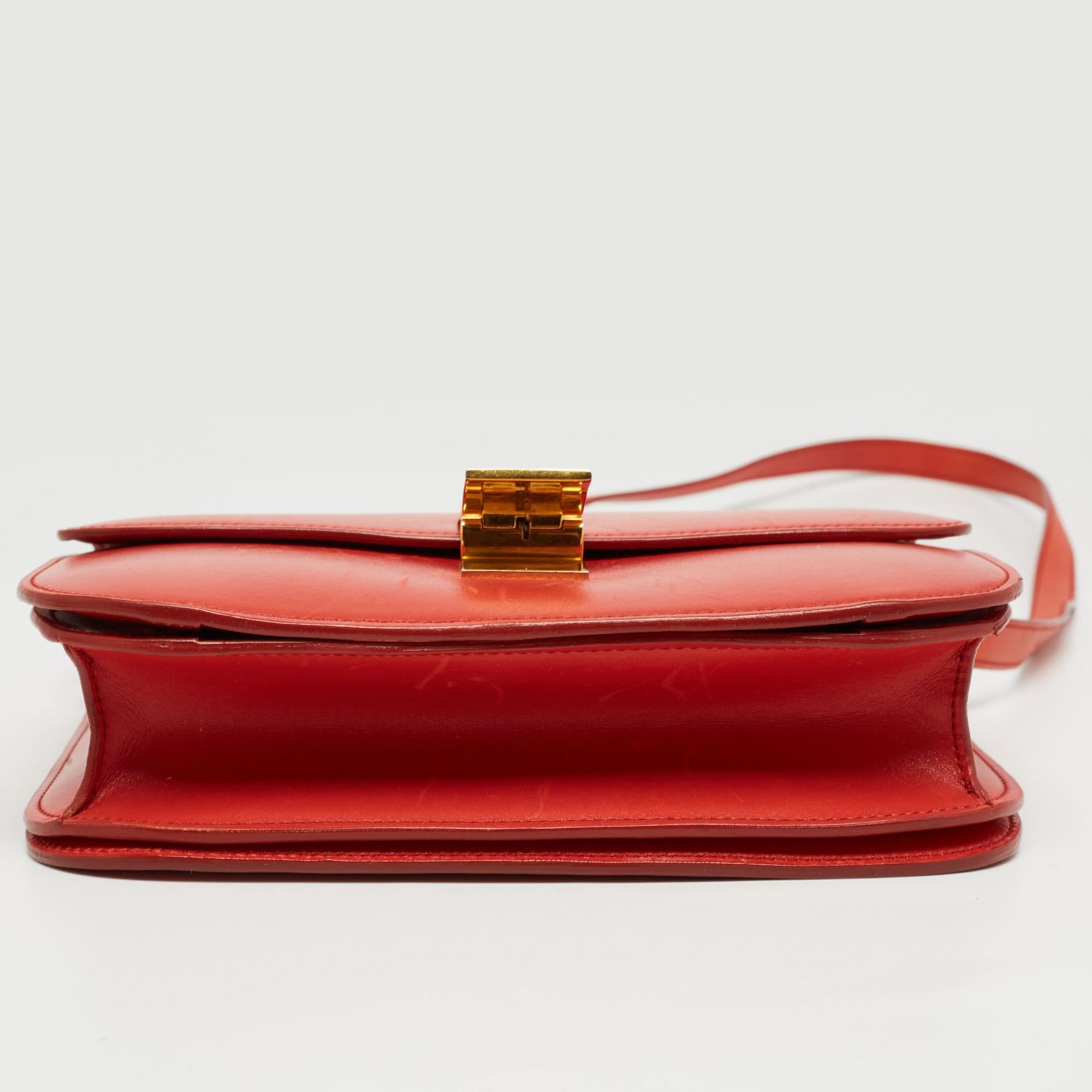 Celine Coral Red Leather Medium Classic Box Shoulder Bag For Sale 9