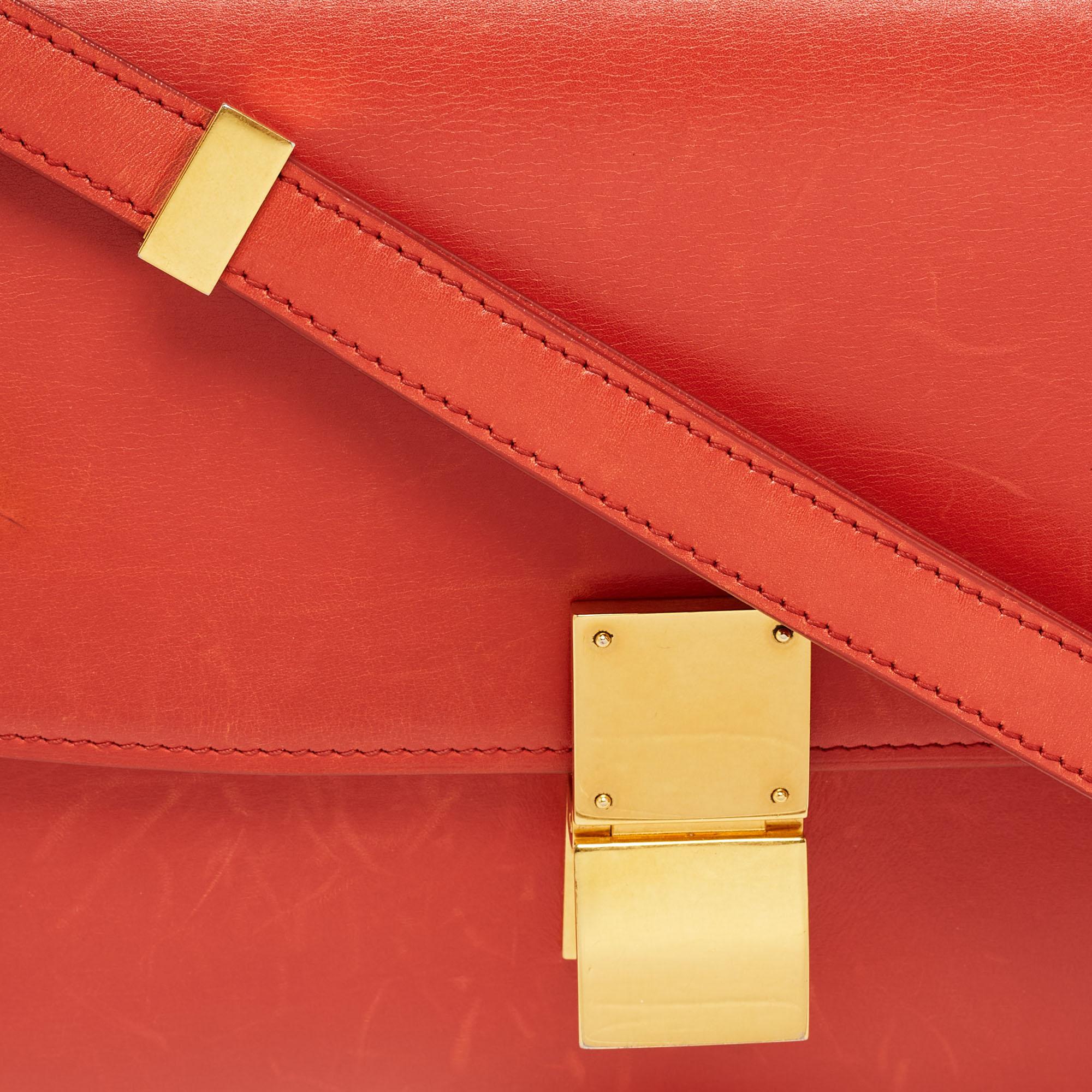 Celine Coral Red Leather Medium Classic Box Shoulder Bag For Sale 10