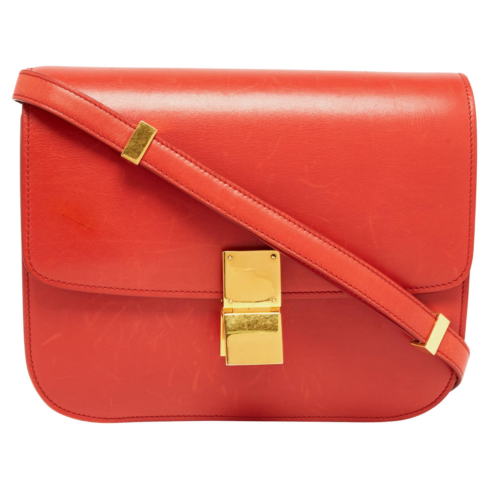 Celine Coral Red Leather Medium Classic Box Shoulder Bag For Sale