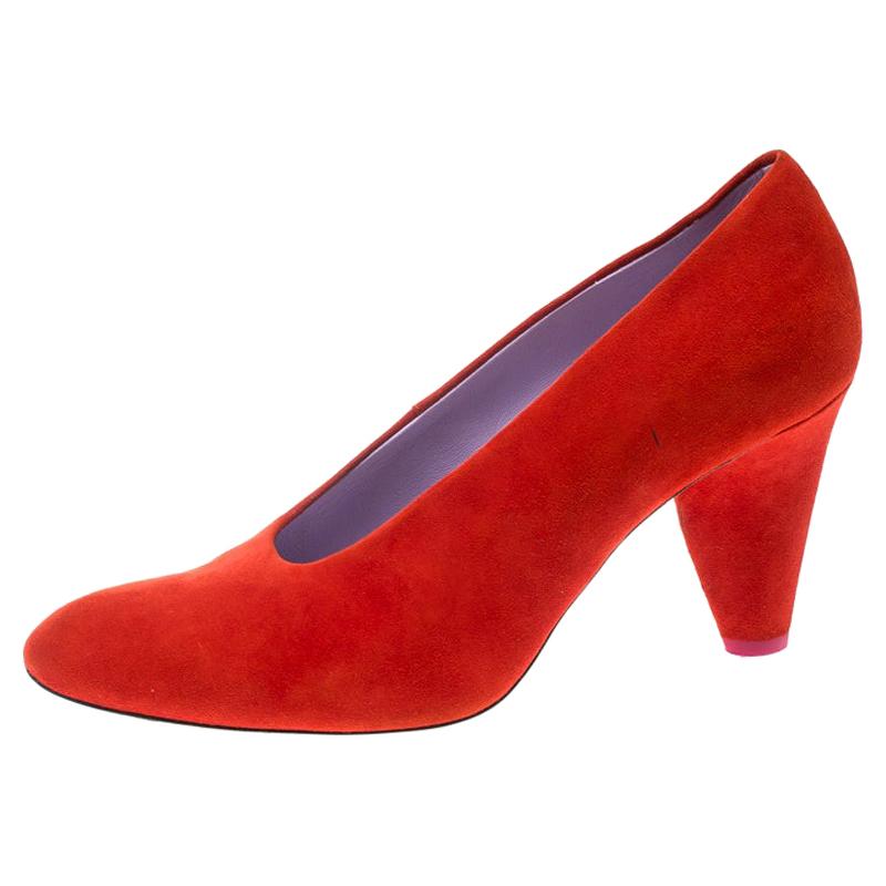 Celine Coral Red Suede Pumps Size 37 For Sale