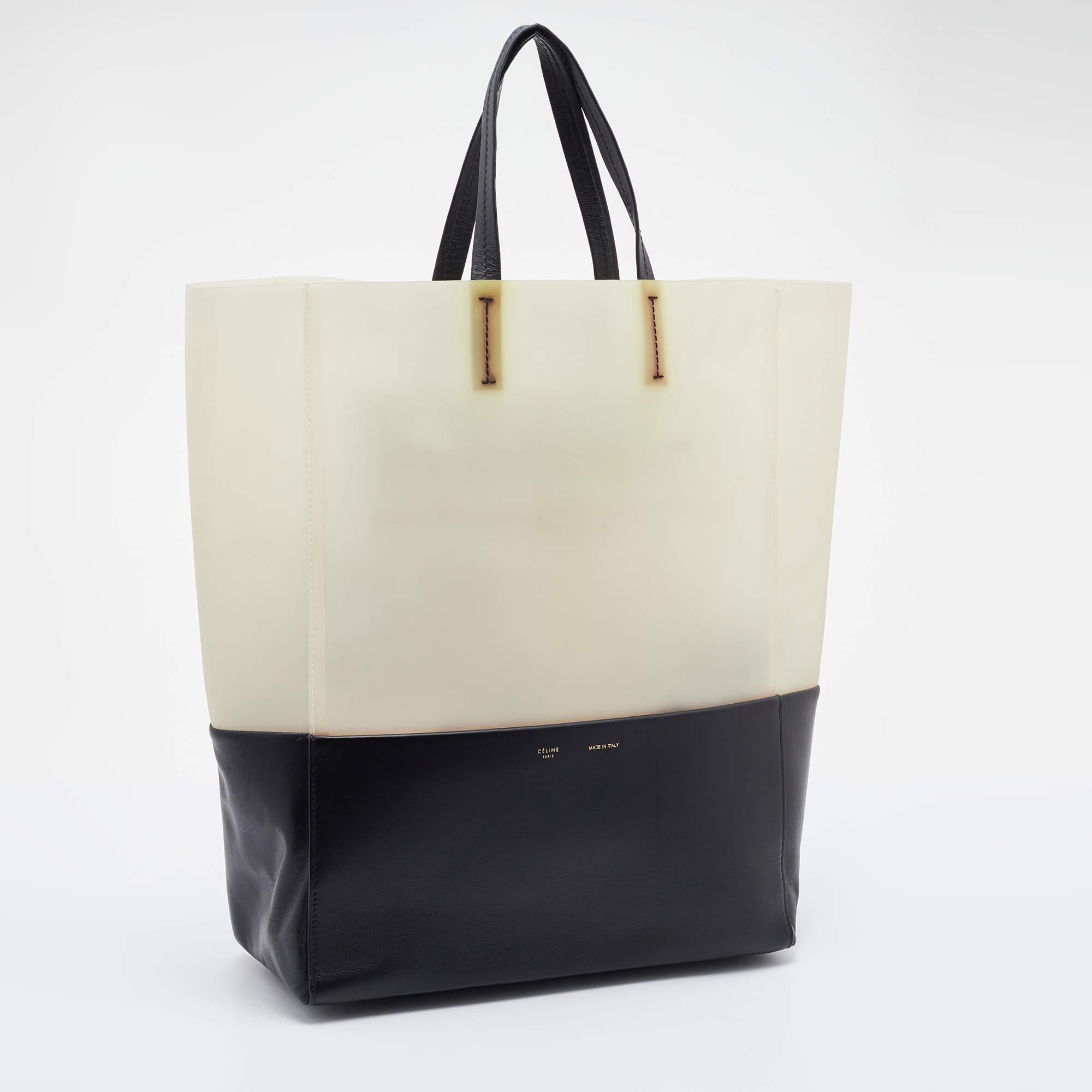 Women's Celine Cream/Black Leather and Vinyl Vertical Cabas Tote