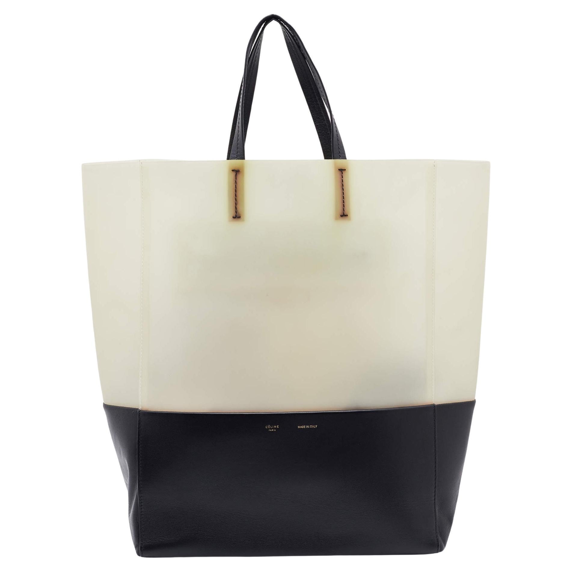 Celine Cream/Black Leather and Vinyl Vertical Cabas Tote