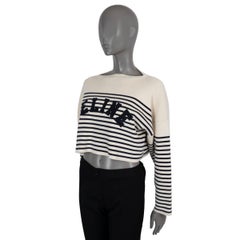 CELINE cream & blue cotton 2022 LOGO STRIPED CROP Sweater XS