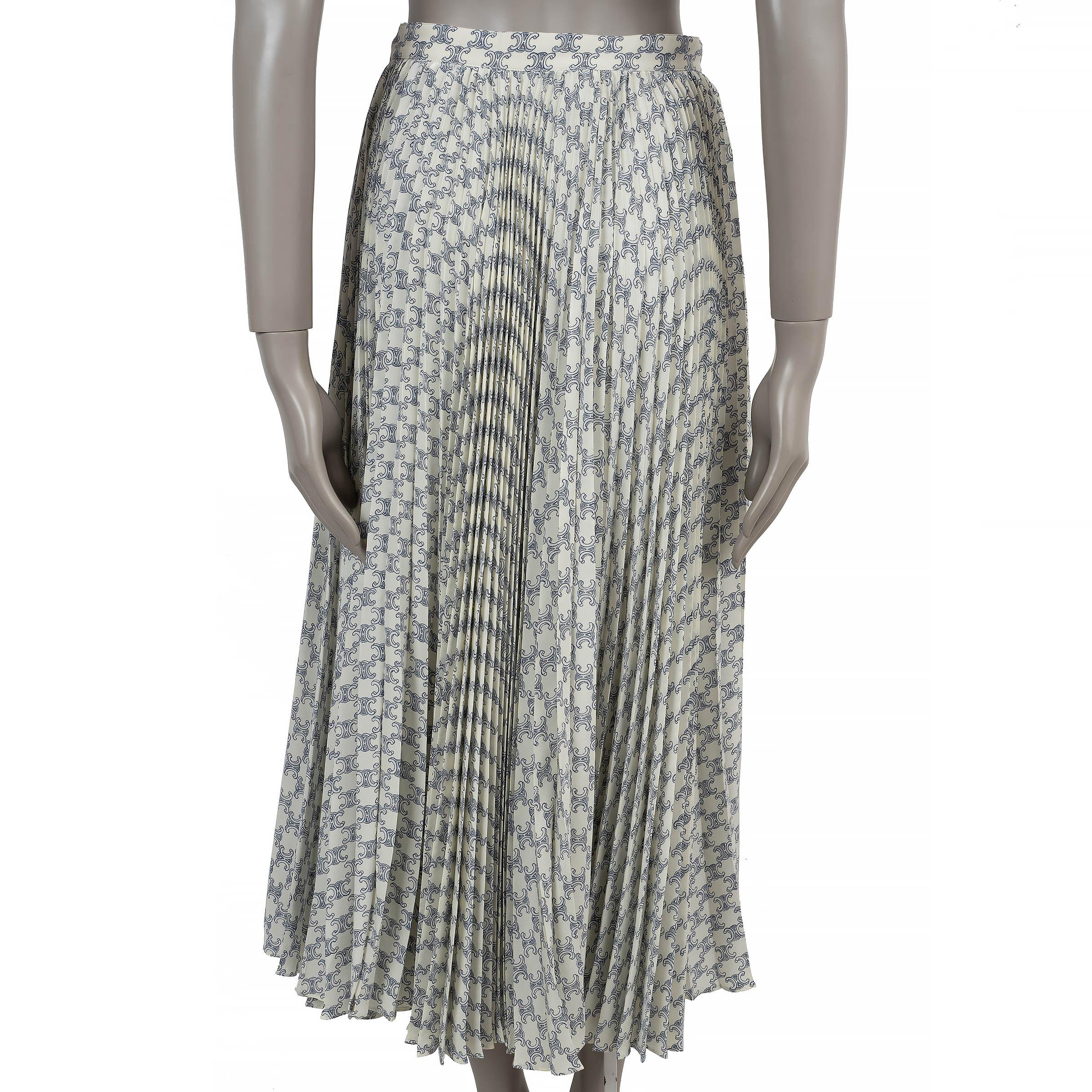 White CELINE cream & blue silk 2022 TRIOMPHE SUN PLEATED MIDI Skirt S For Sale