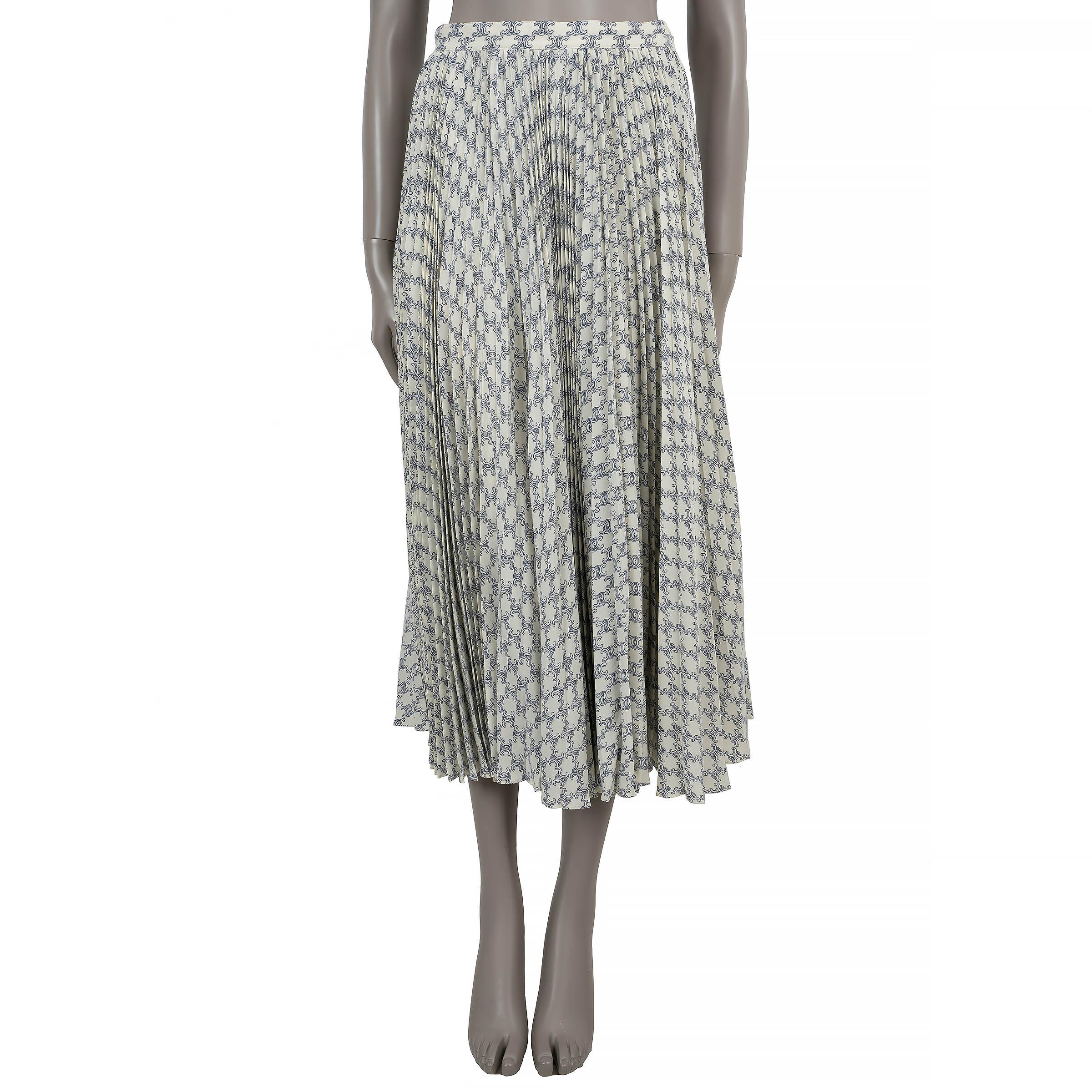 CELINE cream & blue silk 2022 TRIOMPHE SUN PLEATED MIDI Skirt S In Excellent Condition For Sale In Zürich, CH