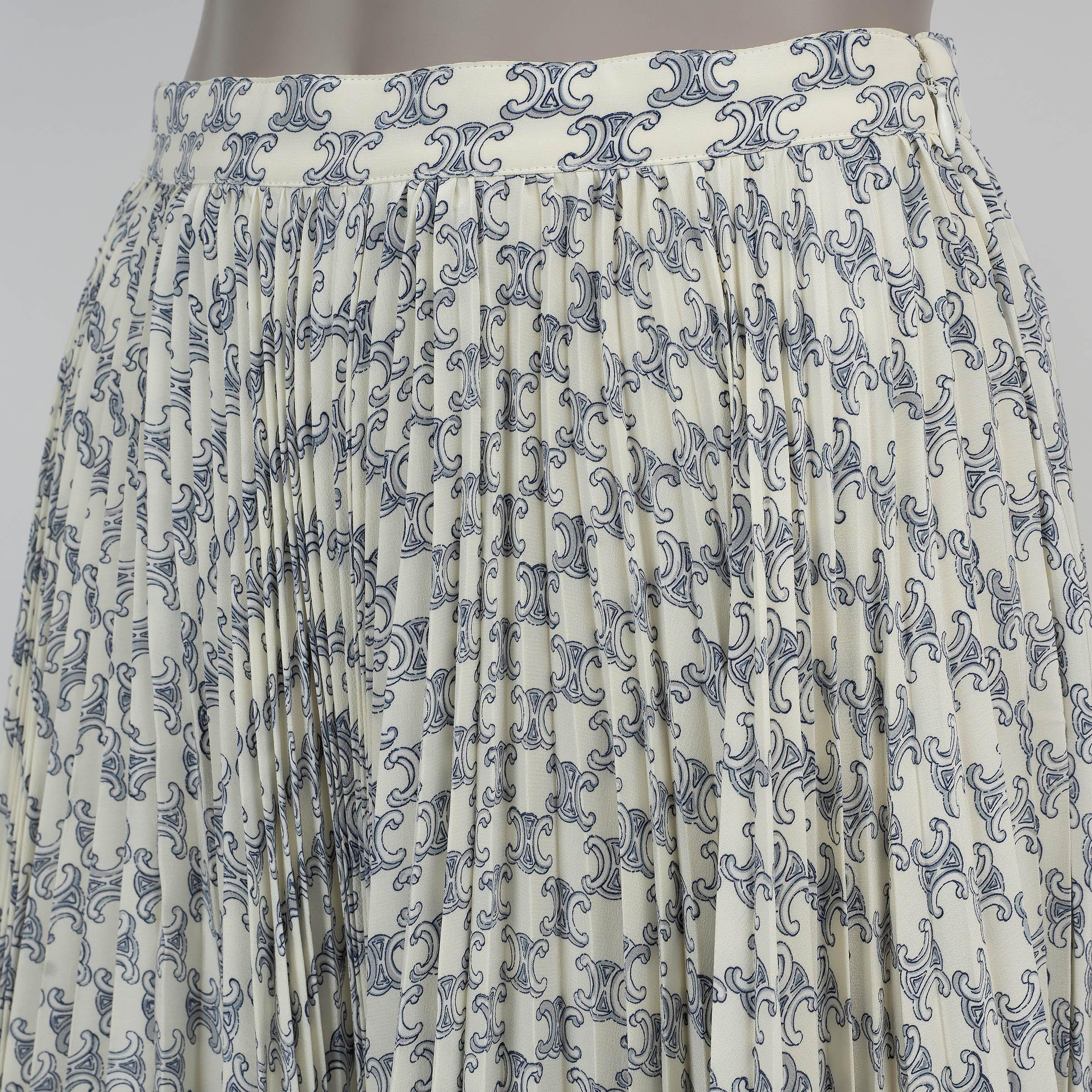 Women's CELINE cream & blue silk 2022 TRIOMPHE SUN PLEATED MIDI Skirt S For Sale