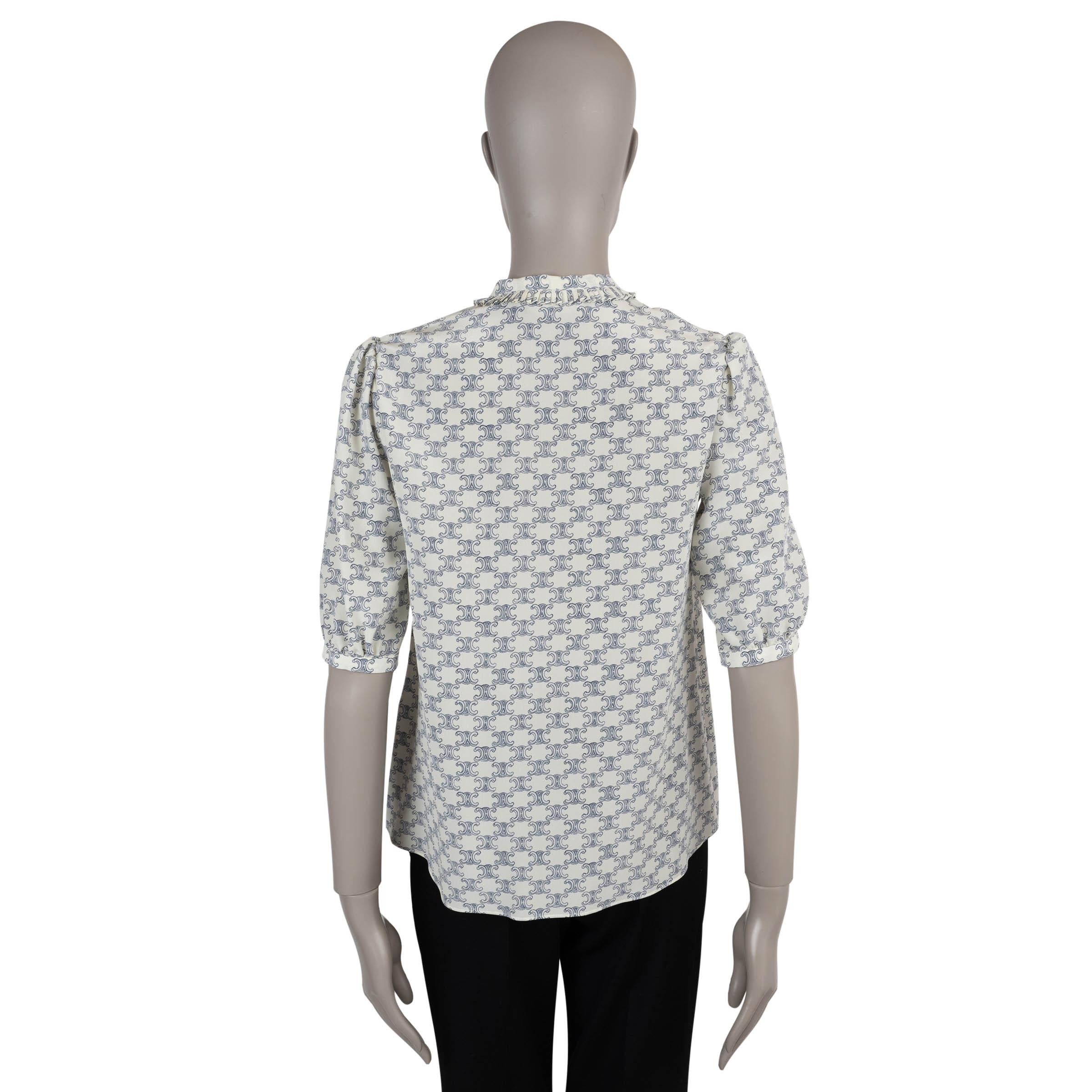 White CELINE cream & blue silk TRIOMPHE TIE NECK SHORT SLEEVE Blouse Shirt S For Sale