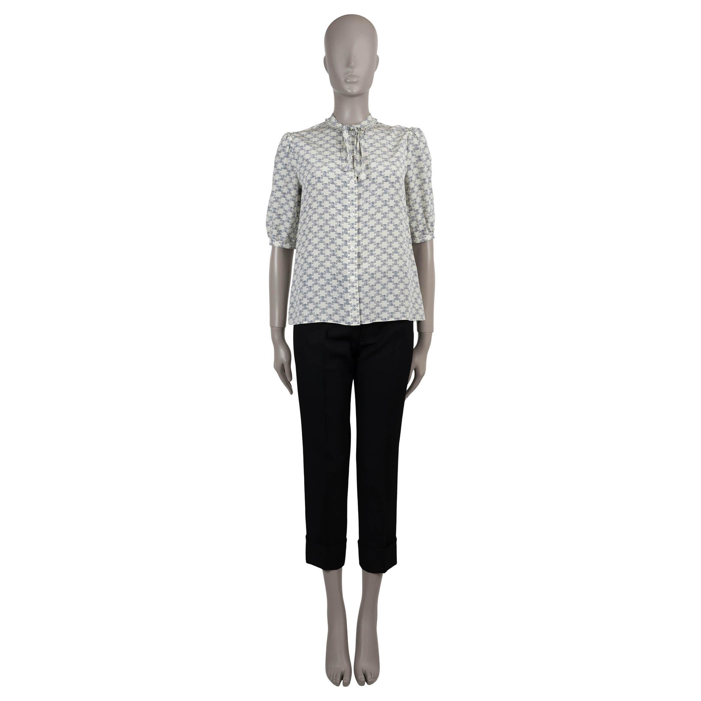 CELINE cream & blue silk TRIOMPHE TIE NECK SHORT SLEEVE Blouse Shirt S In Excellent Condition For Sale In Zürich, CH