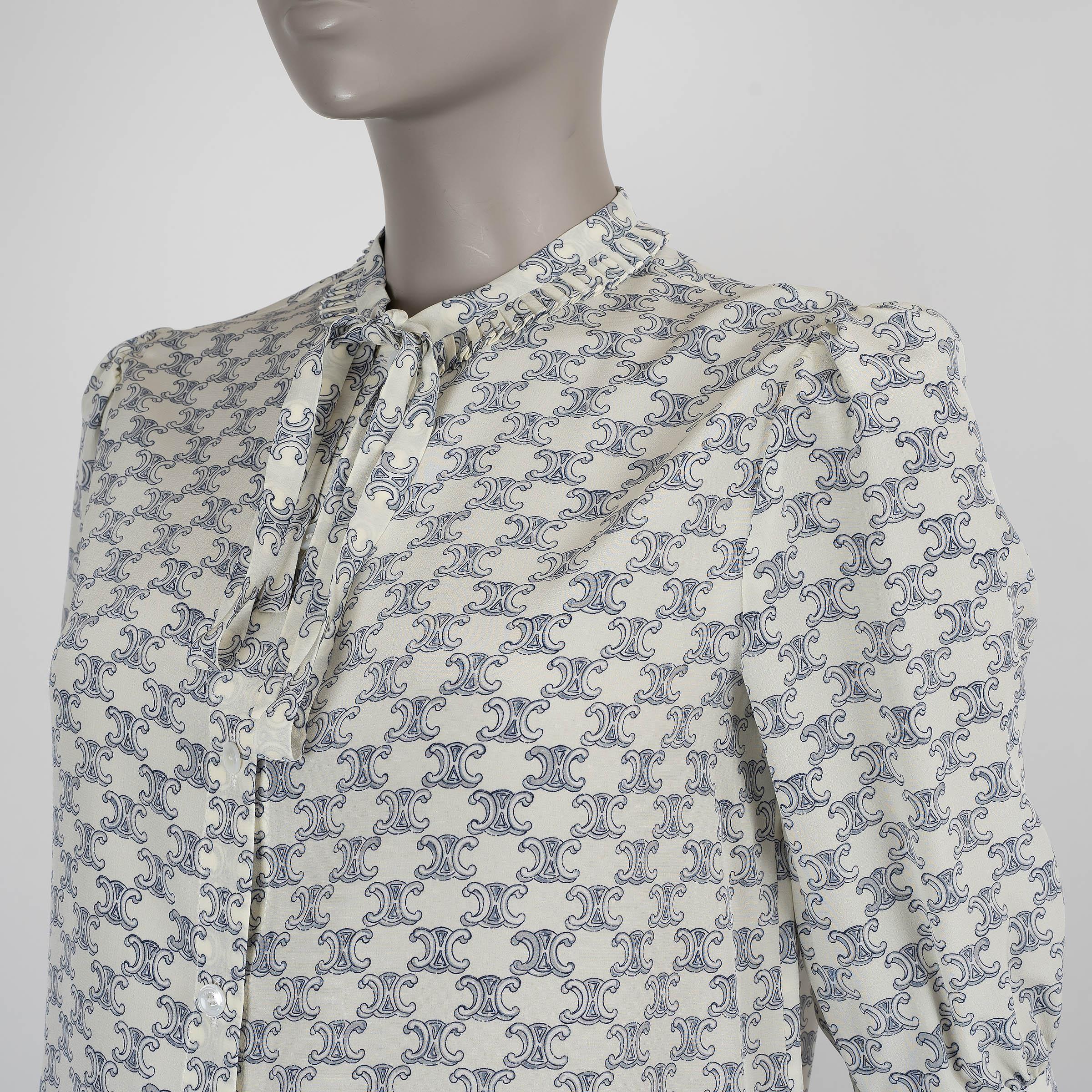 Women's CELINE cream & blue silk TRIOMPHE TIE NECK SHORT SLEEVE Blouse Shirt S For Sale