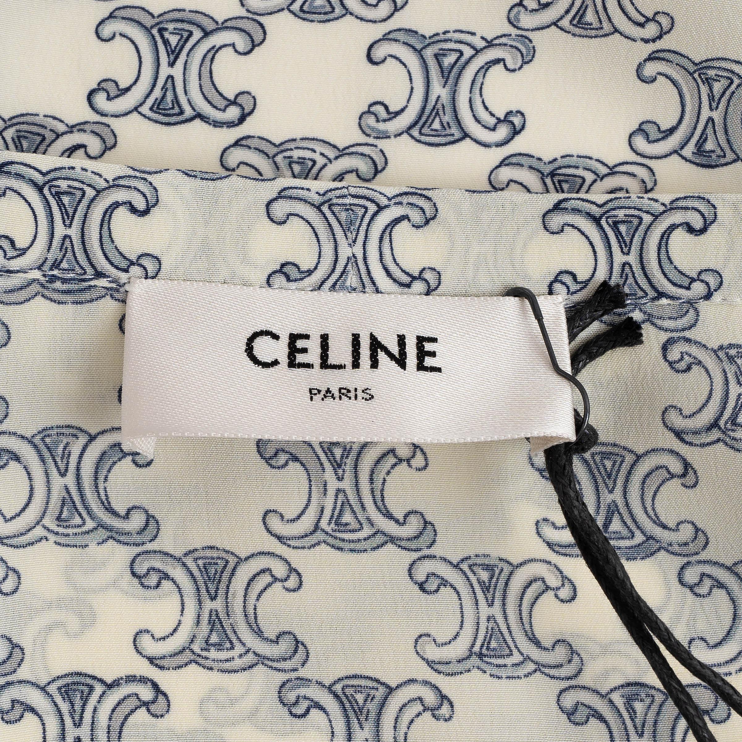 CELINE cream & blue silk TRIOMPHE TIE NECK SHORT SLEEVE Blouse Shirt S For Sale 1
