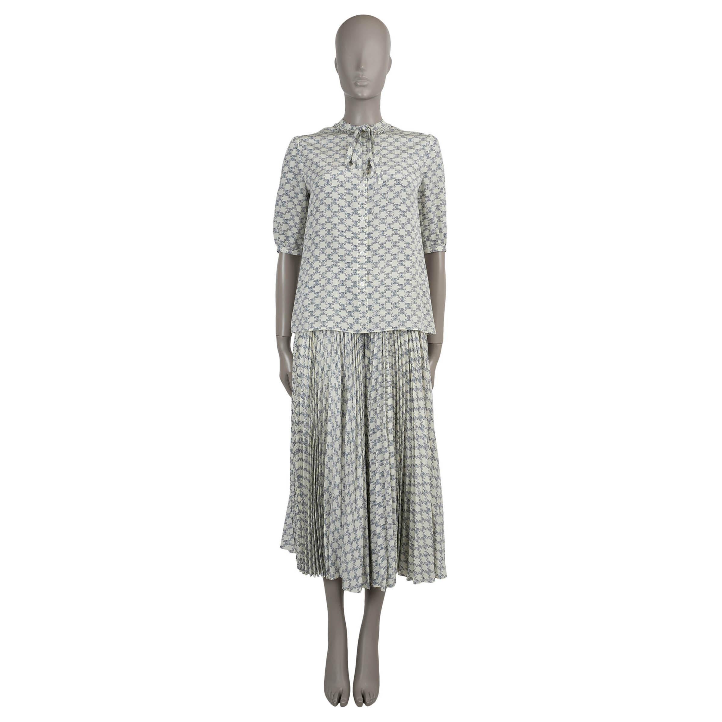 CELINE cream & blue silk TRIOMPHE TIE NECK SHORT SLEEVE Blouse Shirt S For Sale 2