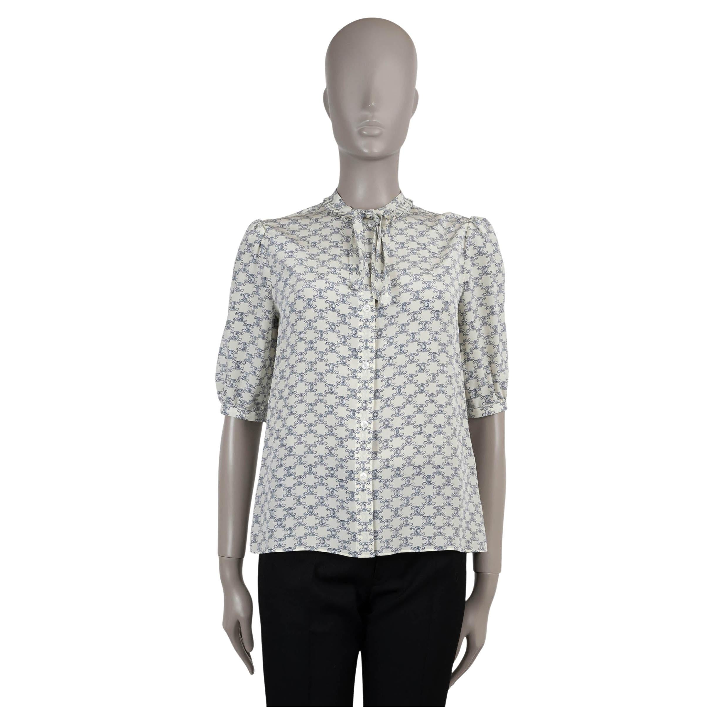CELINE cream & blue silk TRIOMPHE TIE NECK SHORT SLEEVE Blouse Shirt S For Sale