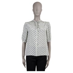CELINE cream & blue silk TRIOMPHE TIE NECK SHORT SLEEVE Blouse Shirt S