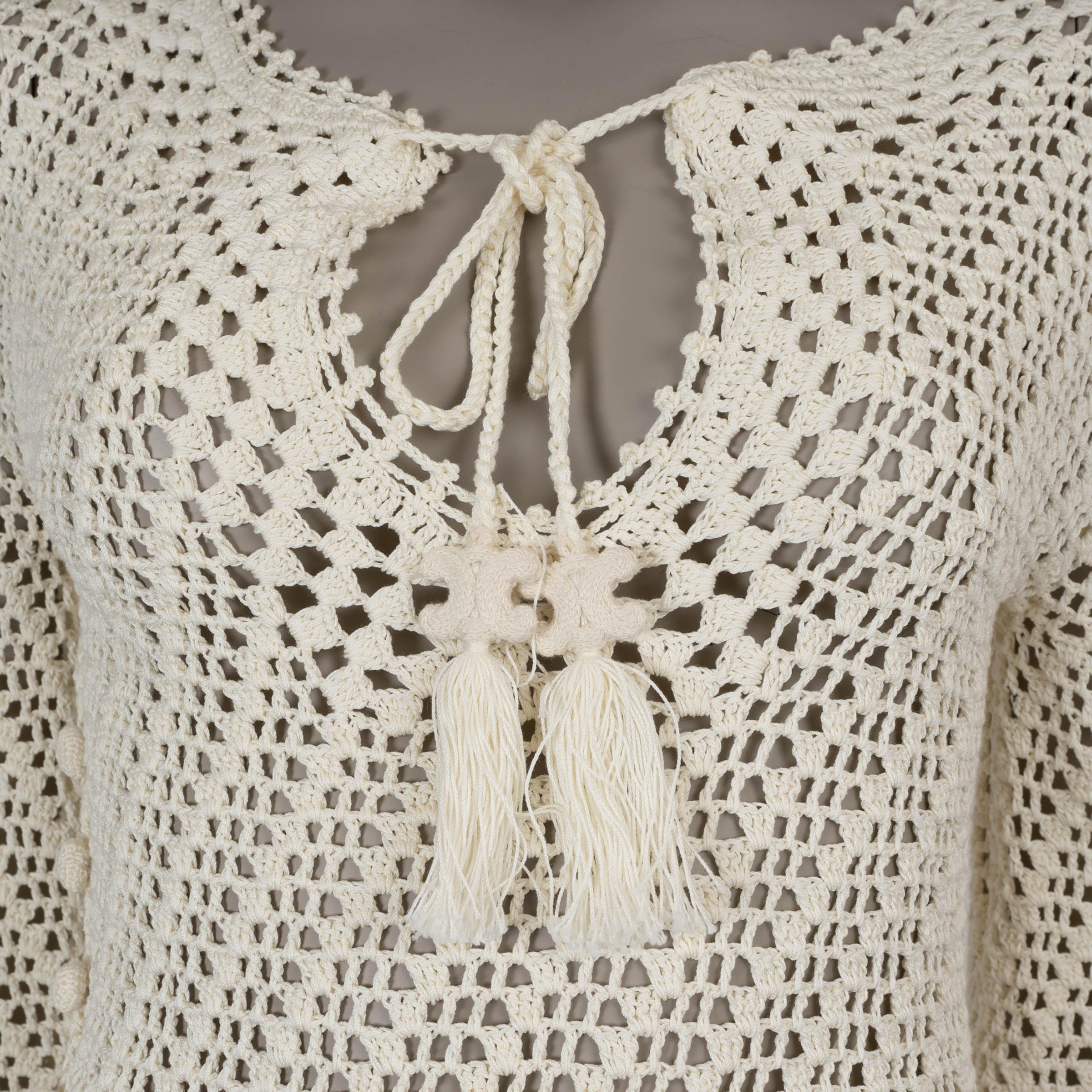 CELINE cream cotton 2022 TASSLED CROCHET MIDI Dress S For Sale 1