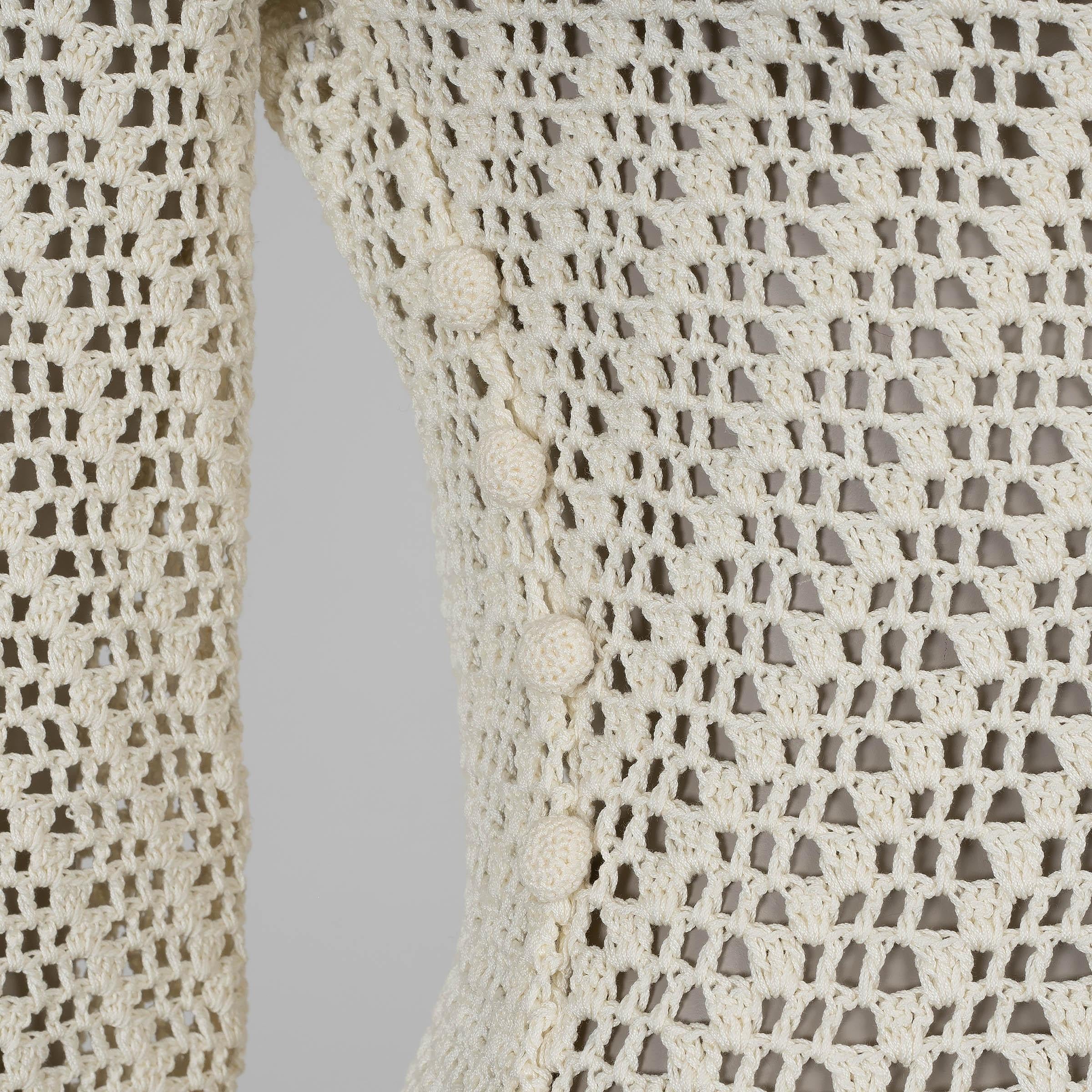 CELINE cream cotton 2022 TASSLED CROCHET MIDI Dress S For Sale 2