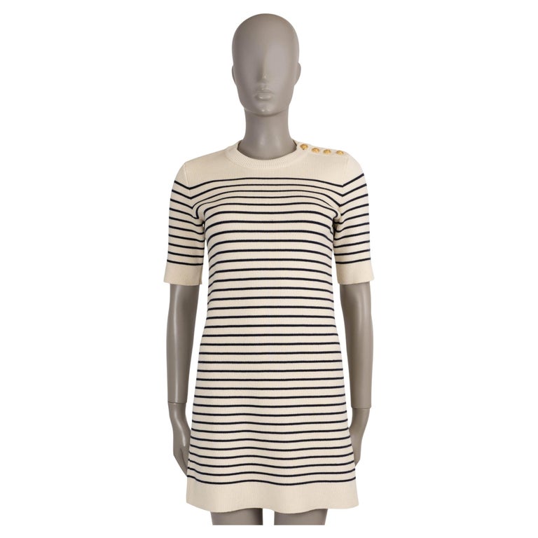 celine striped shirt dress CLINE Celine Phoebe Philo CREW NECK NAVY & WHITE INTARSIA STRIPED WOO Afashionistastore