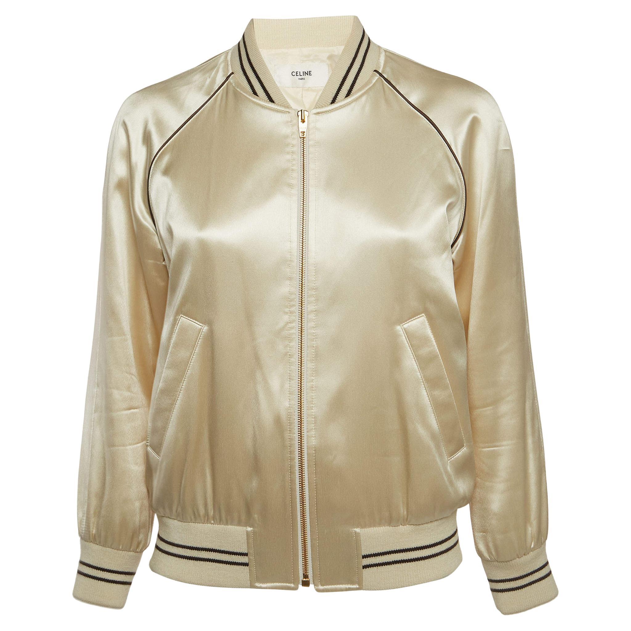 Celine Cream Satin Embroidered Bomber Jacket S