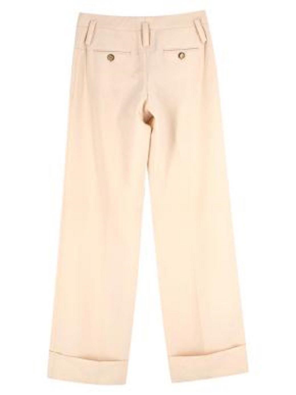 Celine Cream Wide Leg Cuffed Tailored Trousers In Good Condition For Sale In London, GB