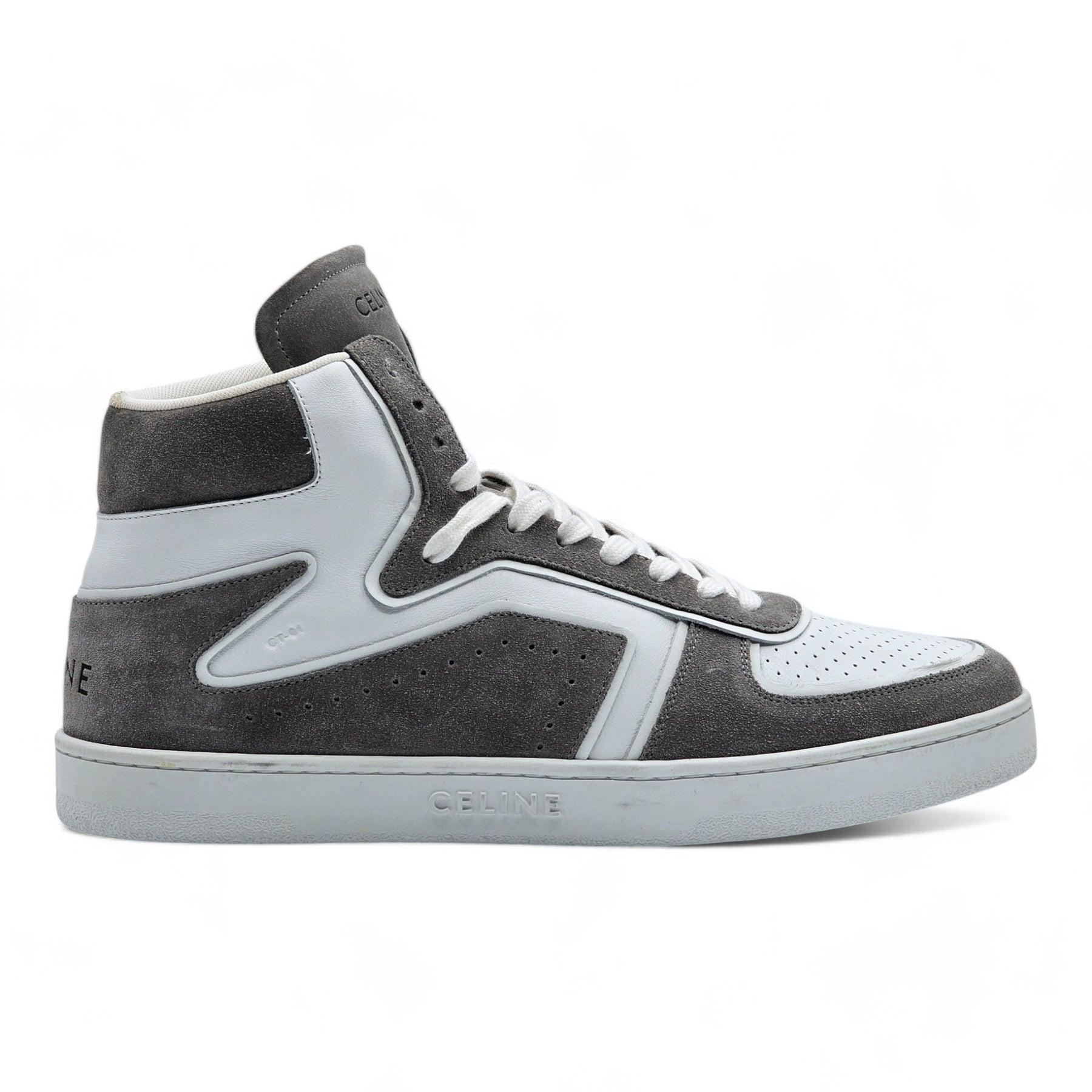 Celine CT-01 High Top Sneakers in White and Gray  in Calfskin and suede, Mesh lining. Rubber outsoles with Celine logo. 

Additional information:
Material: Calfskin and suede
Color: White
Size: 13 US
Condition: Brand new with defects. The box is not