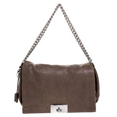 Celine Dark Beige Pebbled Leather Trunlock Flap Chain Bag