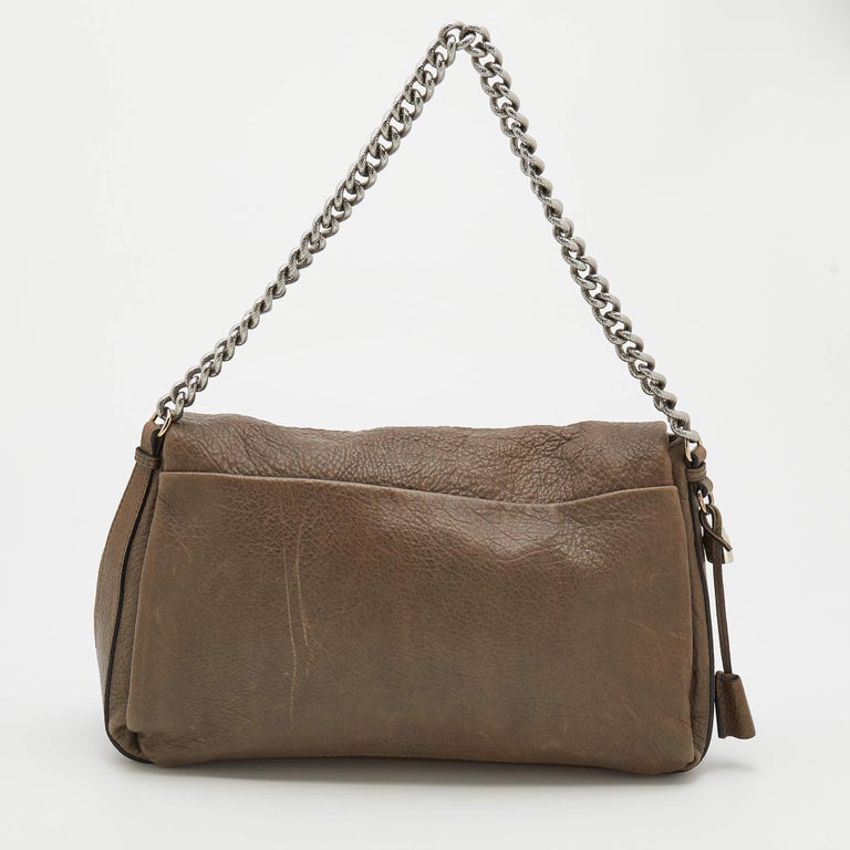 Celine Dark Beige Pebbled Leather Turnlock Flap Chain Shoulder Bag