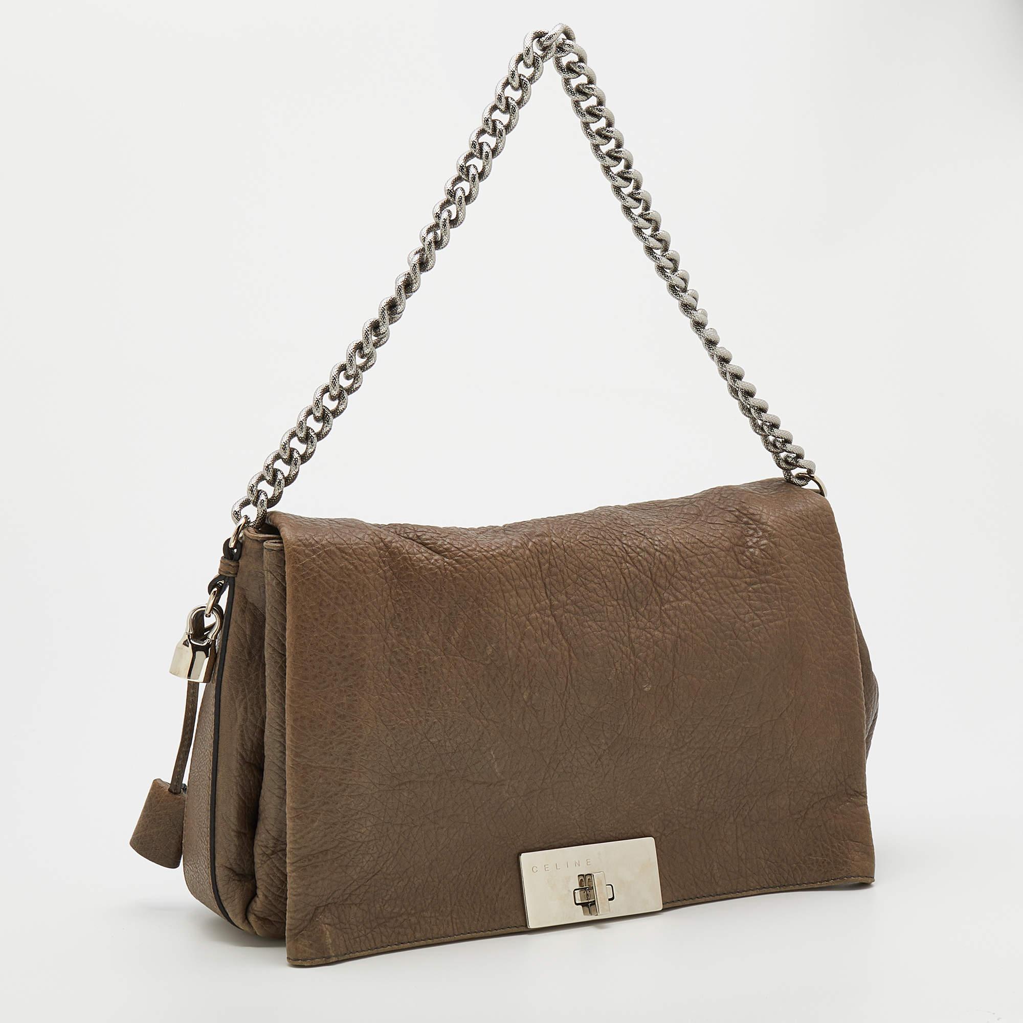 Women's Celine Dark Beige Pebbled Leather Turnlock Flap Chain Shoulder Bag For Sale