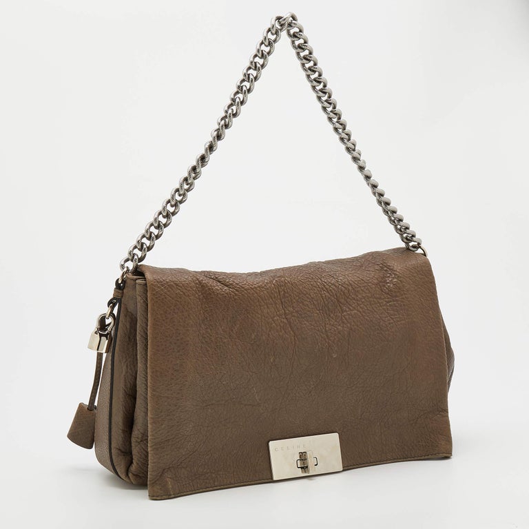 Celine Dark Beige Pebbled Leather Turnlock Flap Chain Shoulder Bag For Sale  at 1stDibs