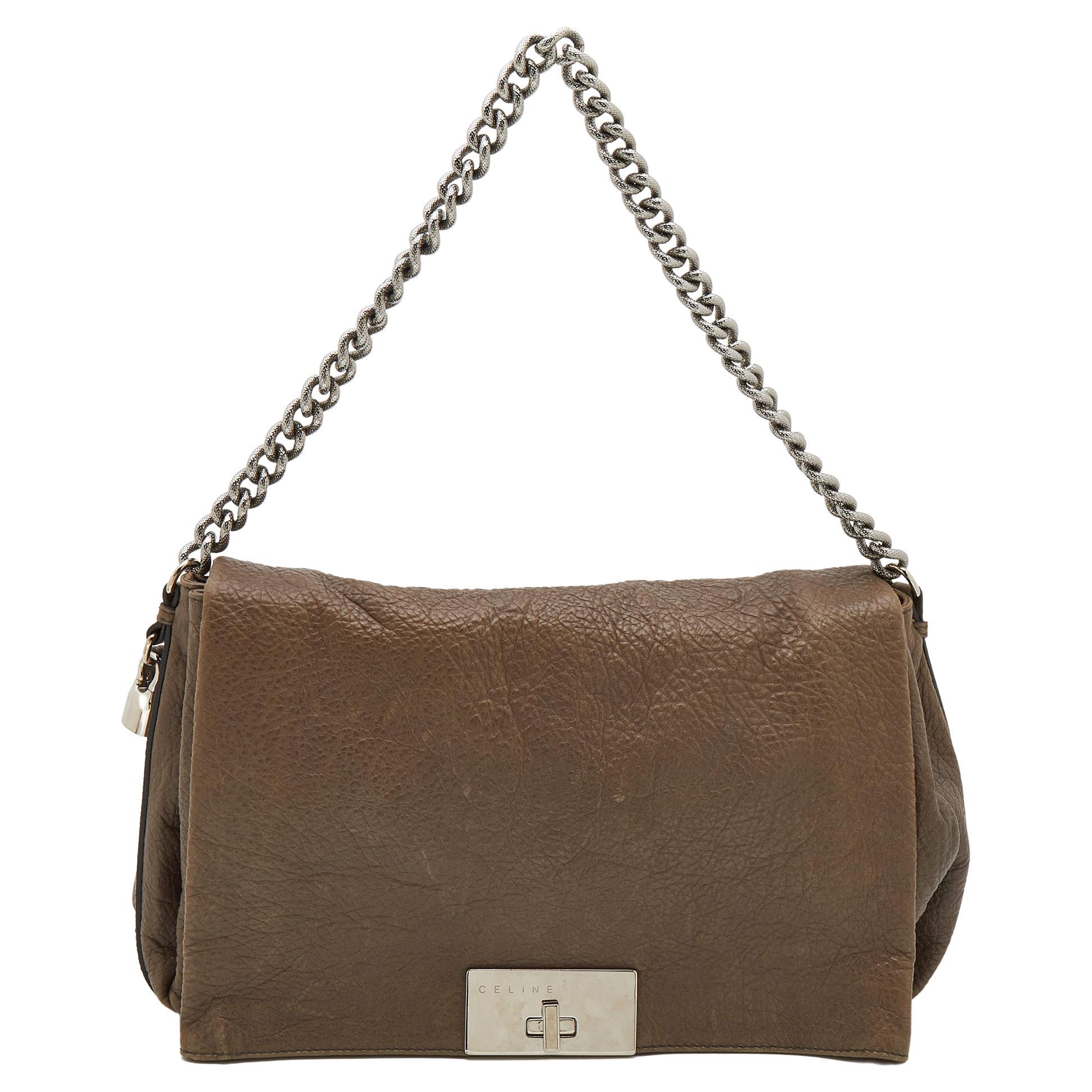 Celine Dark Beige Pebbled Leather Turnlock Flap Chain Shoulder Bag For Sale