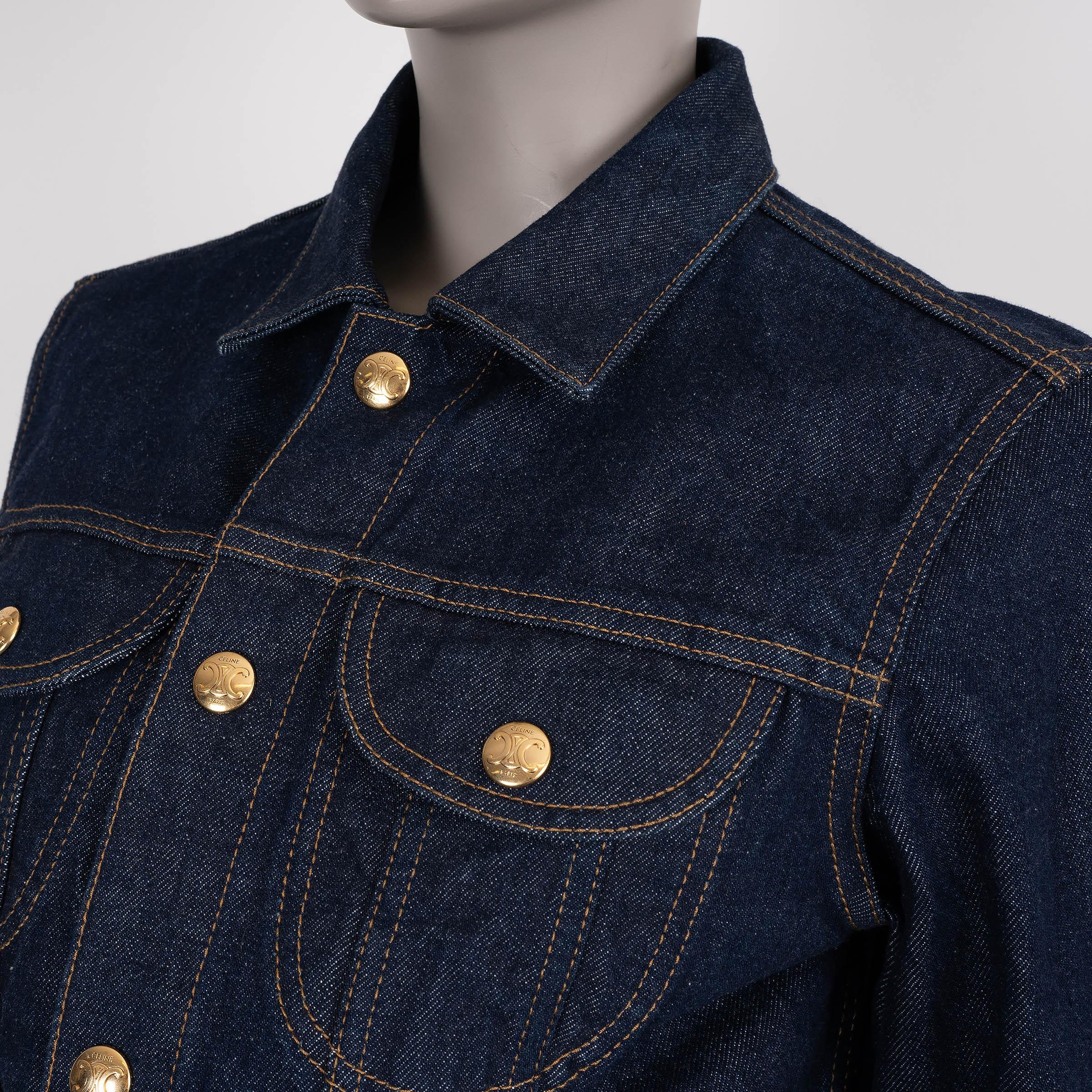 Women's CELINE dark blue cotton RAW WASH TRUCKER DENIM Jacket M For Sale