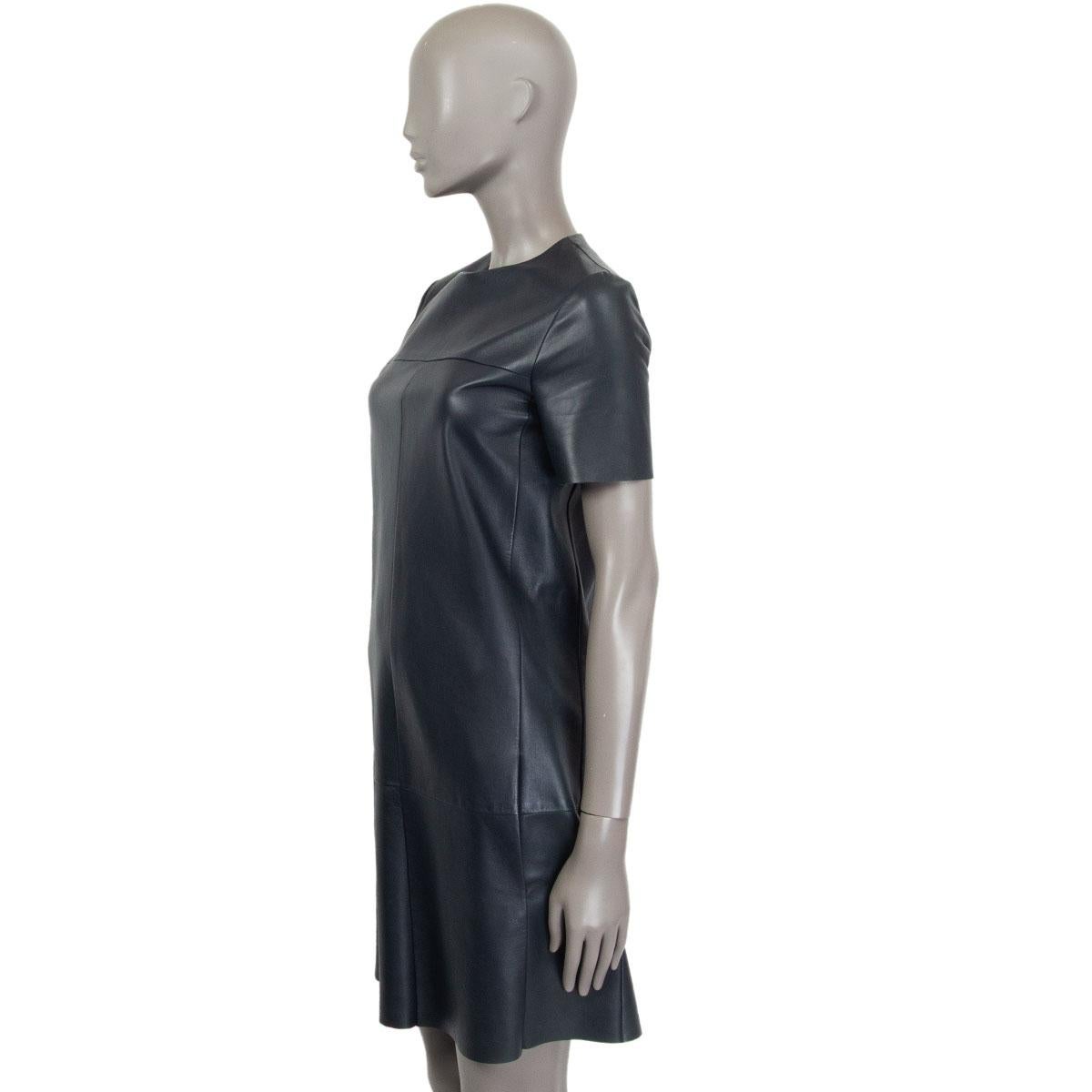 Black CELINE dark blue leather 2012 Short Sleeve Shift Dress 38 S For Sale