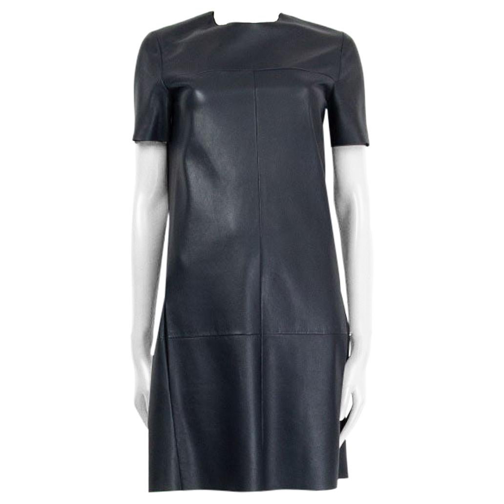 CELINE dark blue leather Short Sleeve Shift Dress 38 S For Sale