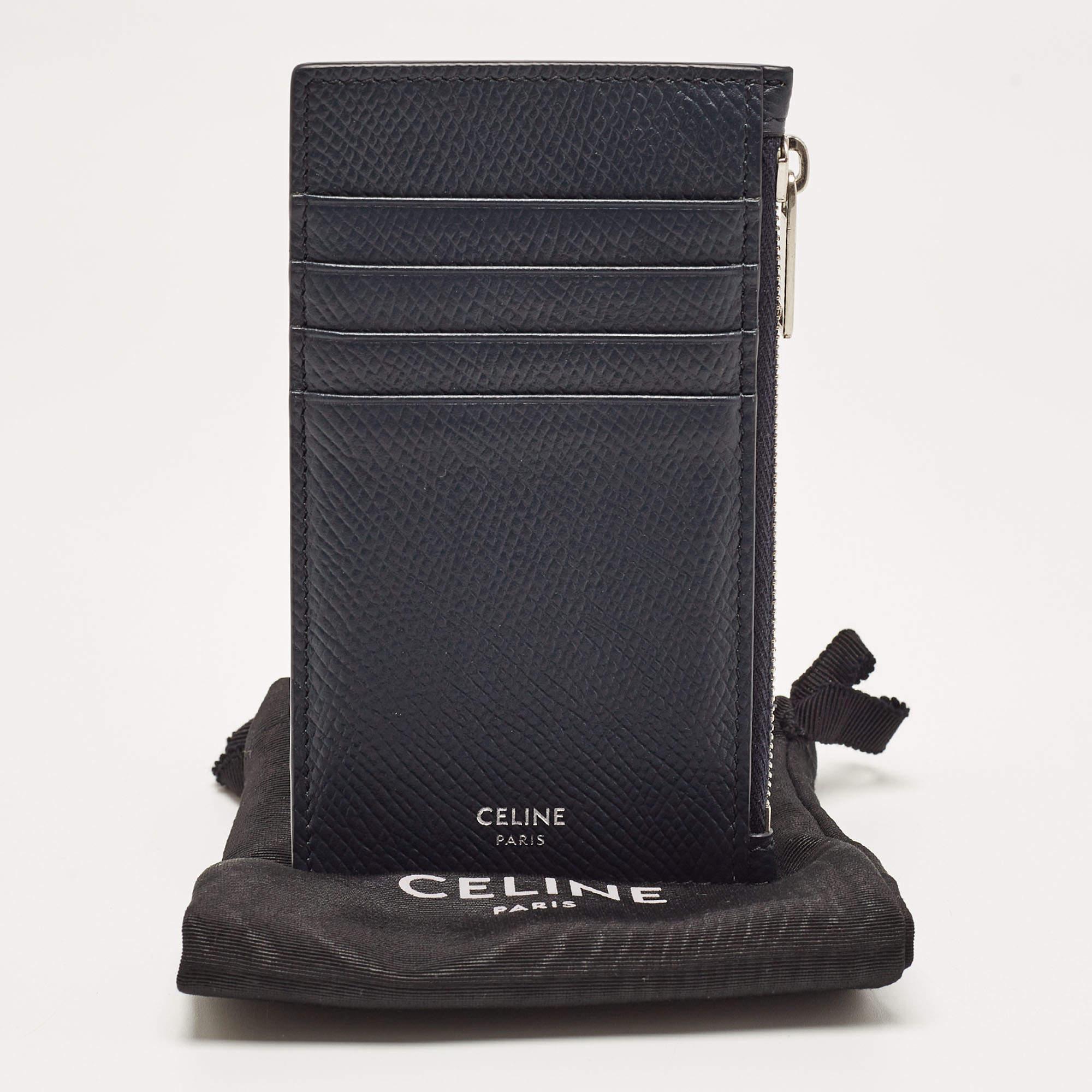 Porte-cartes zippé en cuir bleu foncé de Celine en vente 6