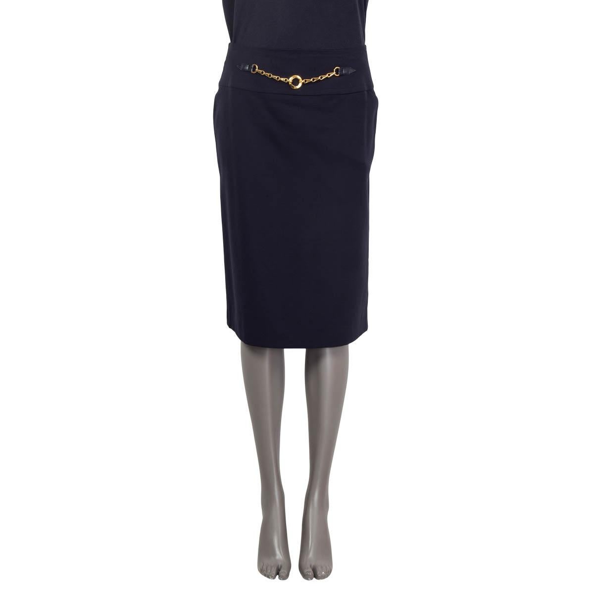 100% authentic Cline vintage skirt in midnight blue wool (100%). Features a gold 'Celine' chain on the front and opens with a concealed zipper on the back. Lined in midnight blue. Has some permanent iron creases on the front otherwise in excellent