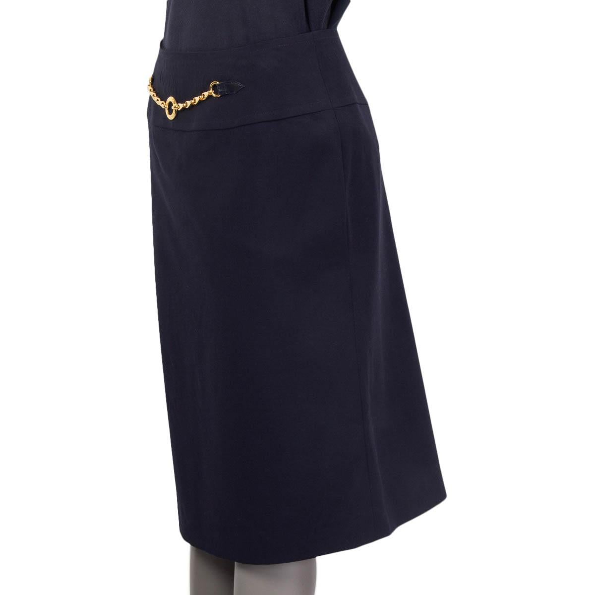 Noir Céline, jupe vintage en laine bleu foncé avec détail en chaîne, 40 M en vente