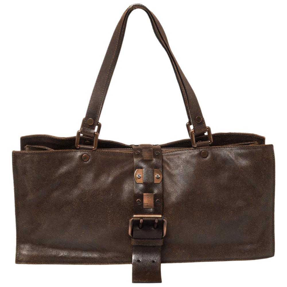 Celine Dark Brown Nubuck Leather Buckle Flap Tote