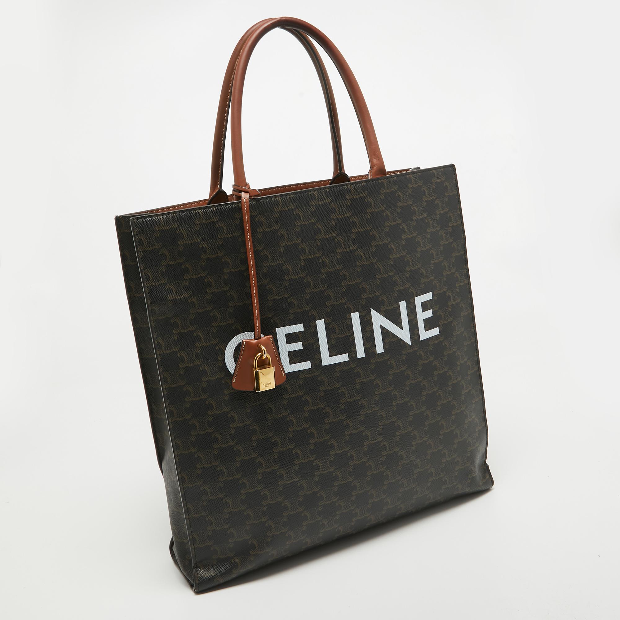 Women's Celine Dark Brown Triomphe Coated Canvas and Leather Medium Vertical Cabas Tote For Sale