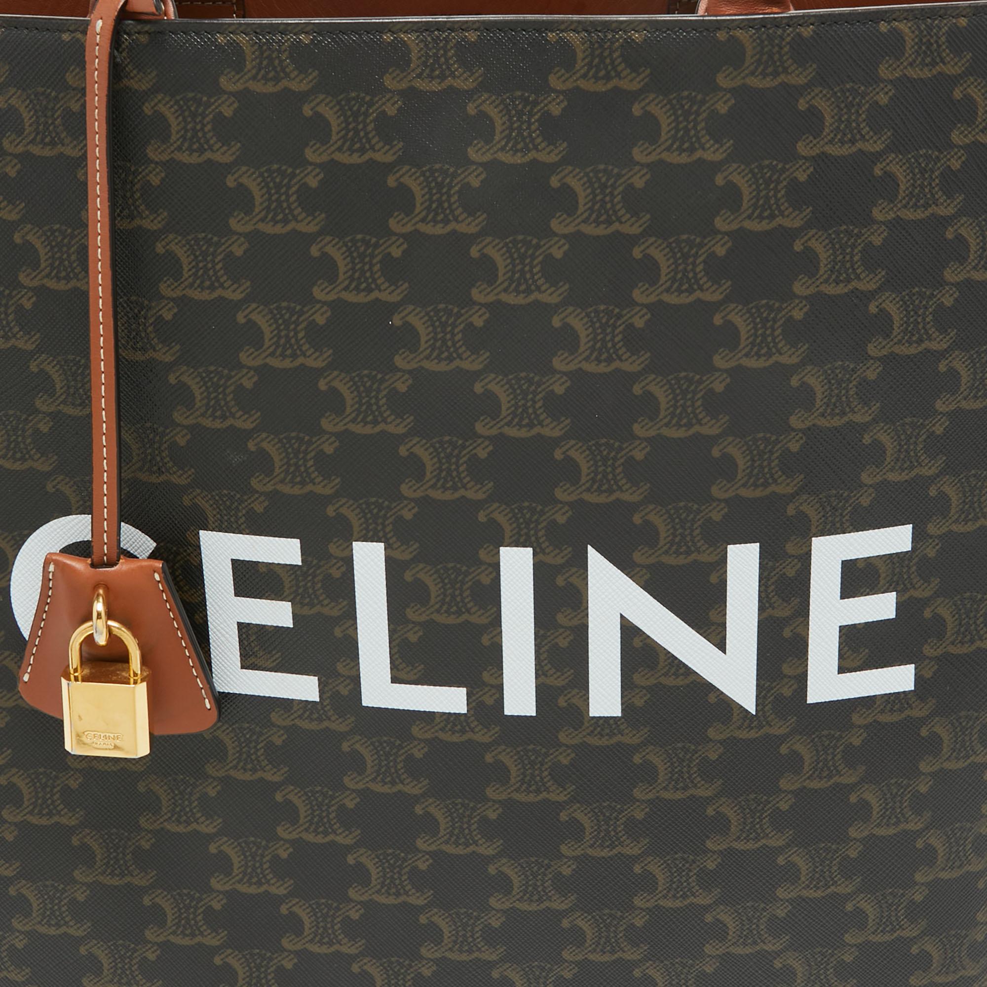 Celine Dark Brown Triomphe Coated Canvas and Leather Medium Vertical Cabas Tote For Sale 4