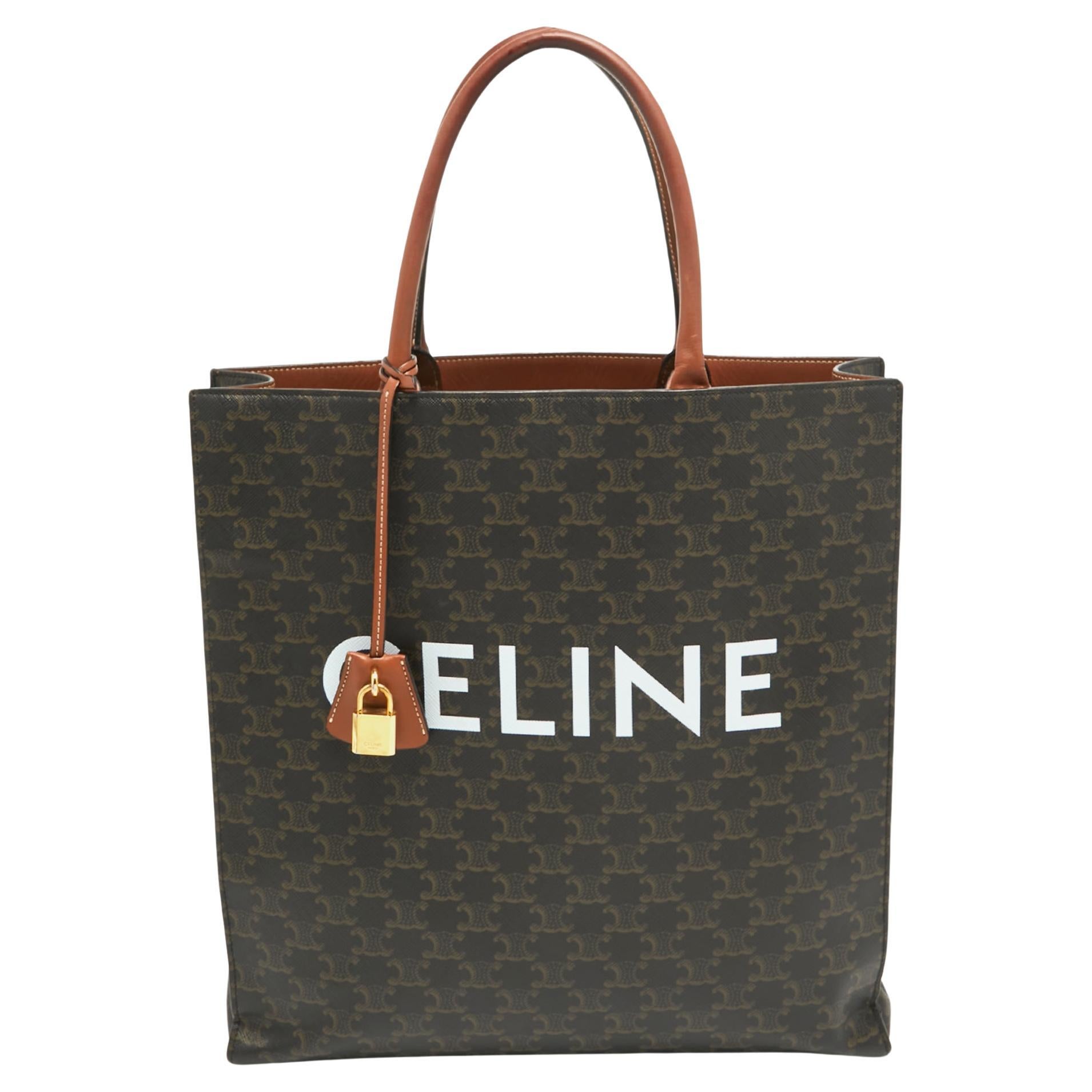 Celine Dark Brown Triomphe Coated Canvas and Leather Medium Vertical Cabas Tote For Sale