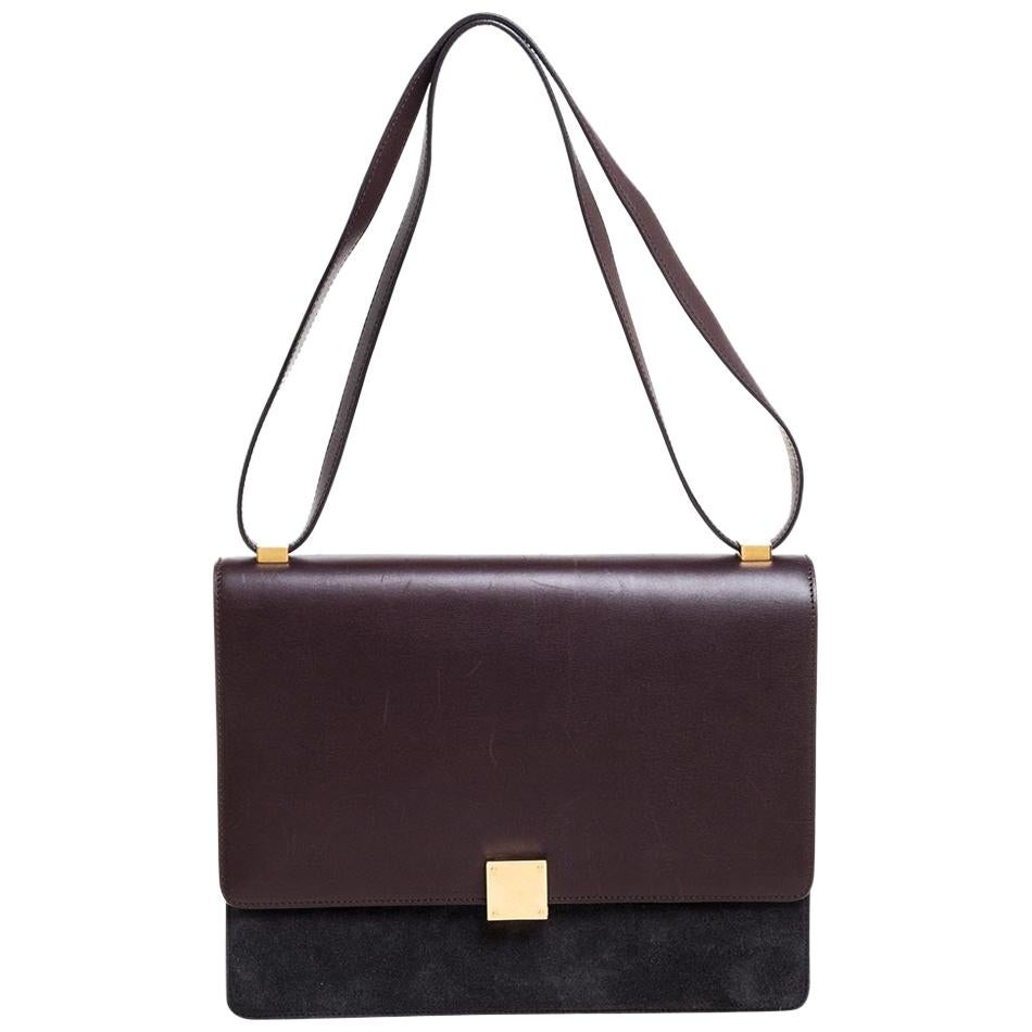 Celine Dark Burgundy/Grey Leather And Suede Medium Case Shoulder Bag