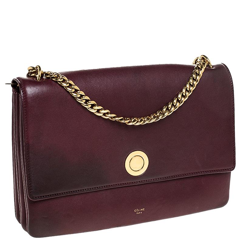 Black Celine Dark Burgundy Leather Flap Chain Shoulder Bag